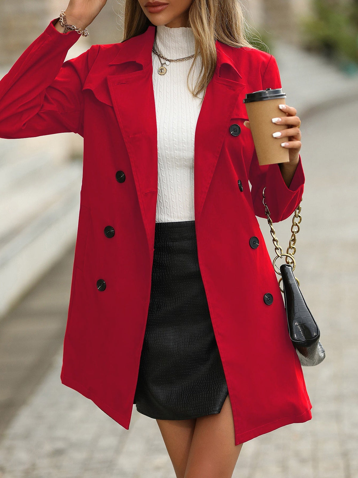 Trench coat casual con colletto alla coreana e chiusura doppiopetto, in tinta unita, adatto per primavera e autunno