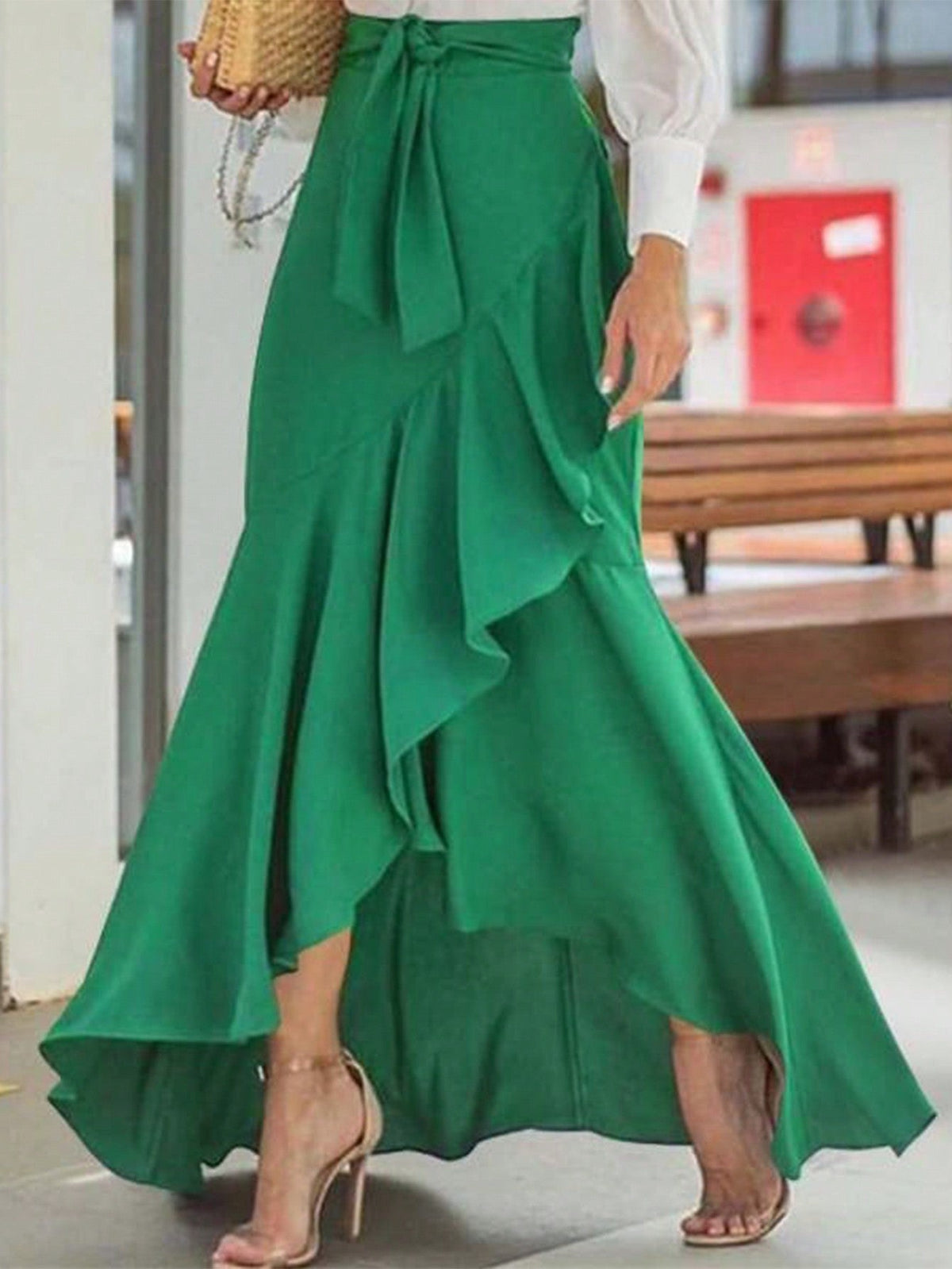 Gonna Midi A Sirena Con Vita Alta, Orlo Irregolare E Cintura Con Decorazione A Volant, Stile Sexy