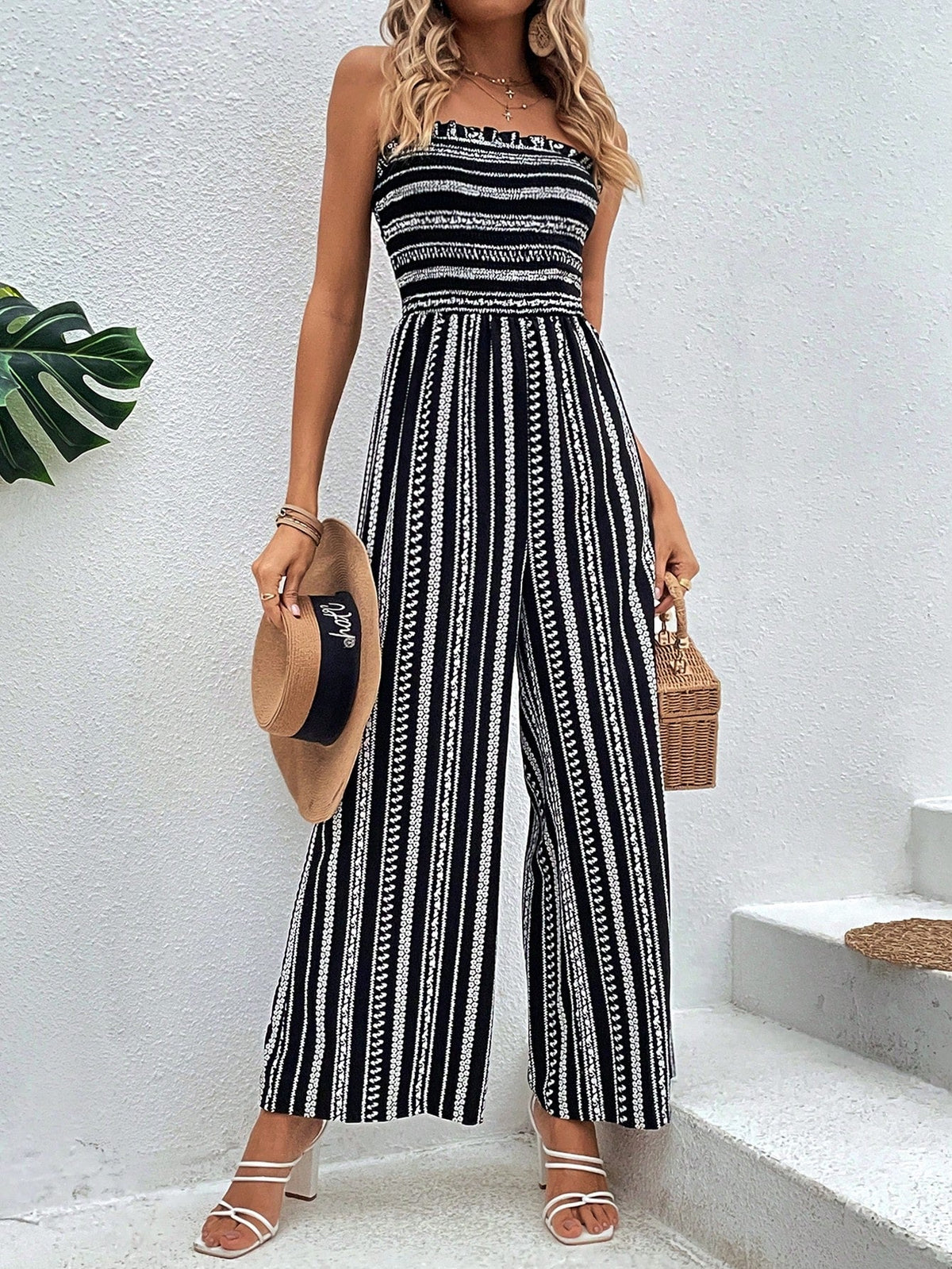 Tuta Jumpsuit A Gambe Larghe Stampata Senza Spalline