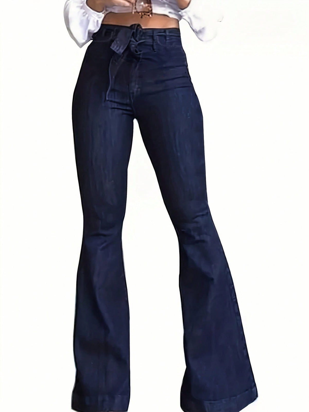 Jeans A Zampa Con Cintura In Vita Alta Elastica, Colore Tinta Unita