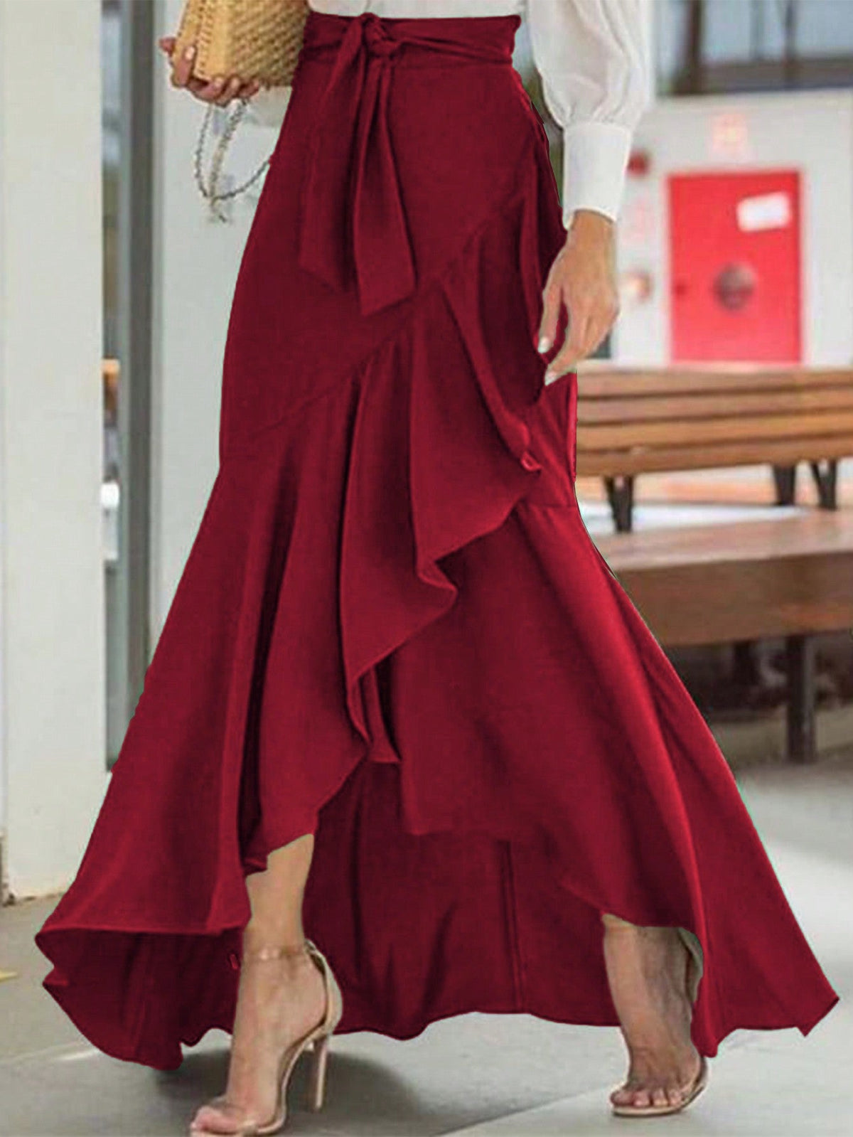 Gonna Midi A Sirena Con Vita Alta, Orlo Irregolare E Cintura Con Decorazione A Volant, Stile Sexy