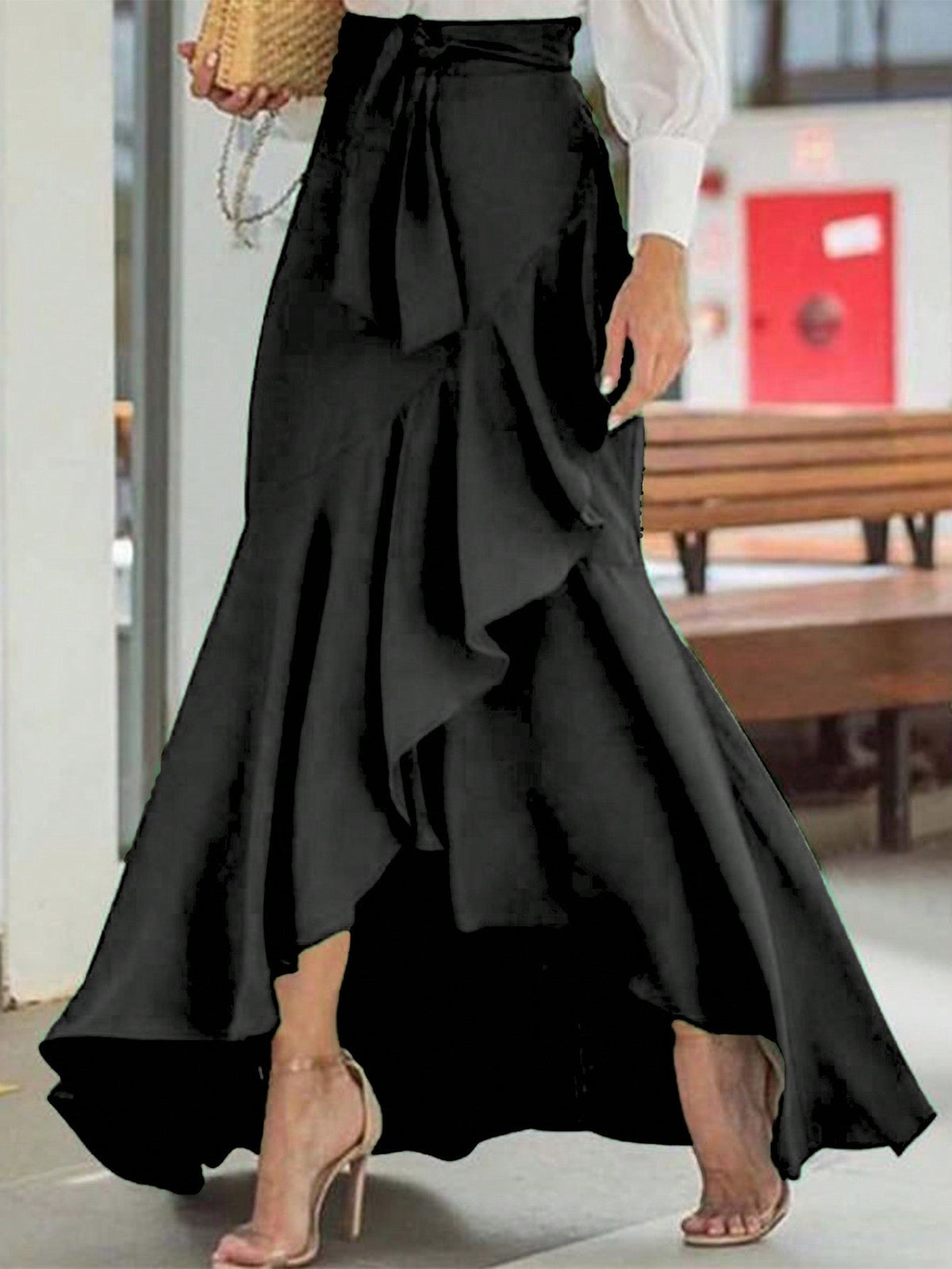 Gonna Midi A Sirena Con Vita Alta, Orlo Irregolare E Cintura Con Decorazione A Volant, Stile Sexy