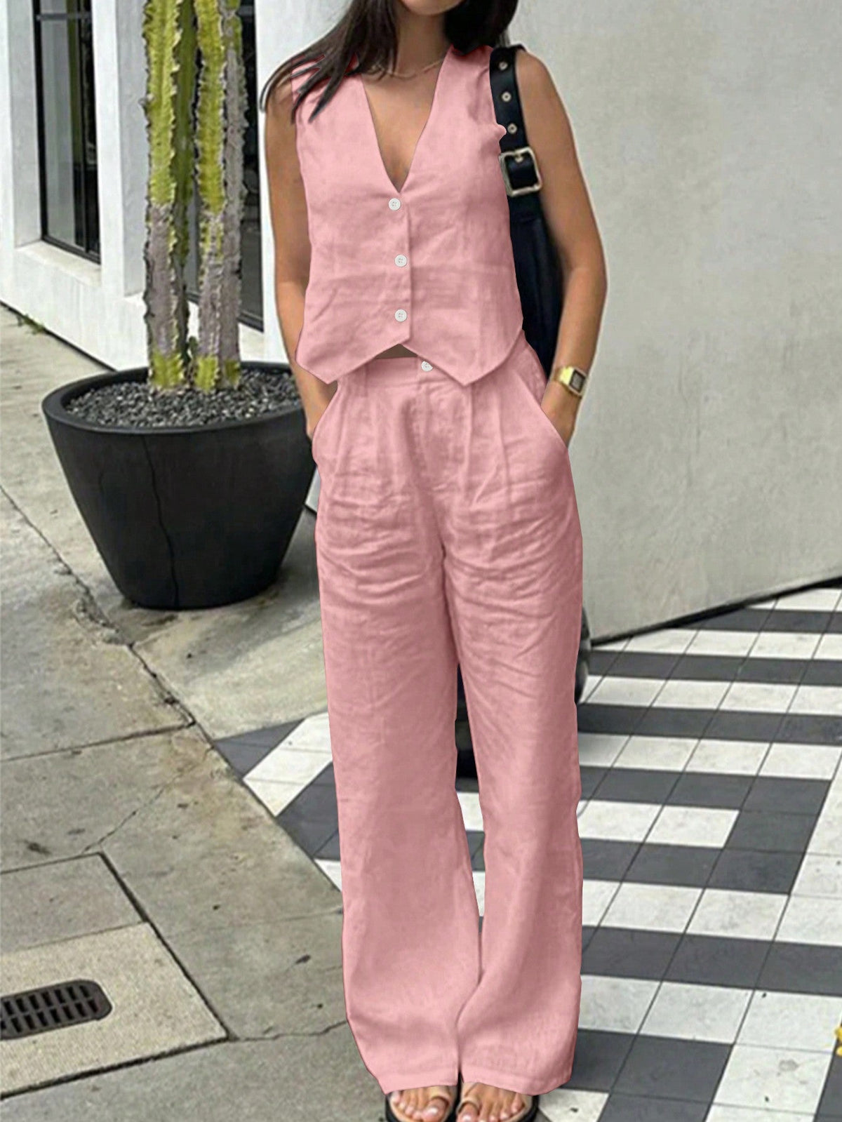 Set Due Pezzi Estivi Casual Da Donna Con Canotta Tinta Unita E Pantaloni Lunghi
