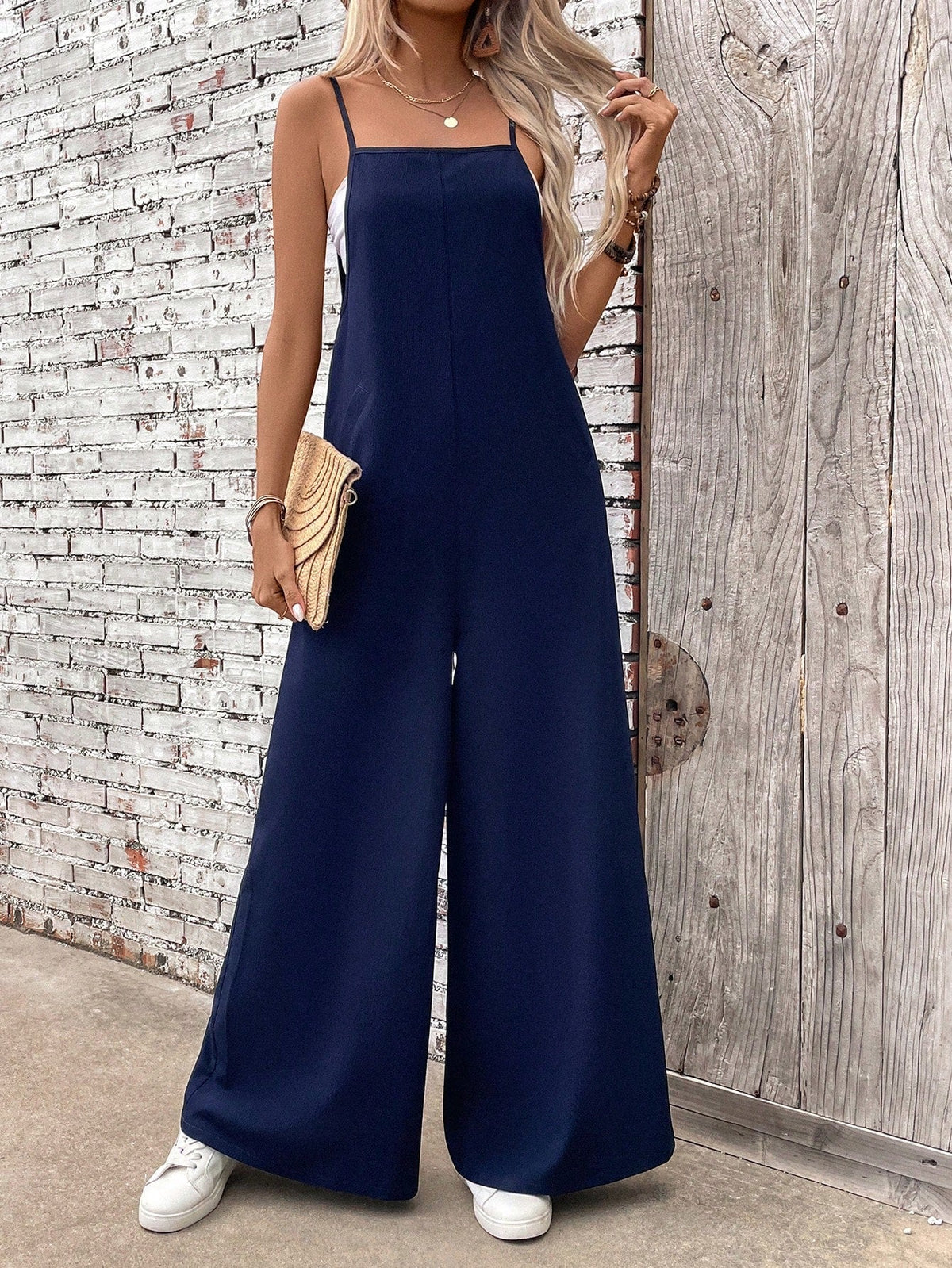 Salopette donna elegante semplice a colori solidi e larga con spalline sottili per l'estate