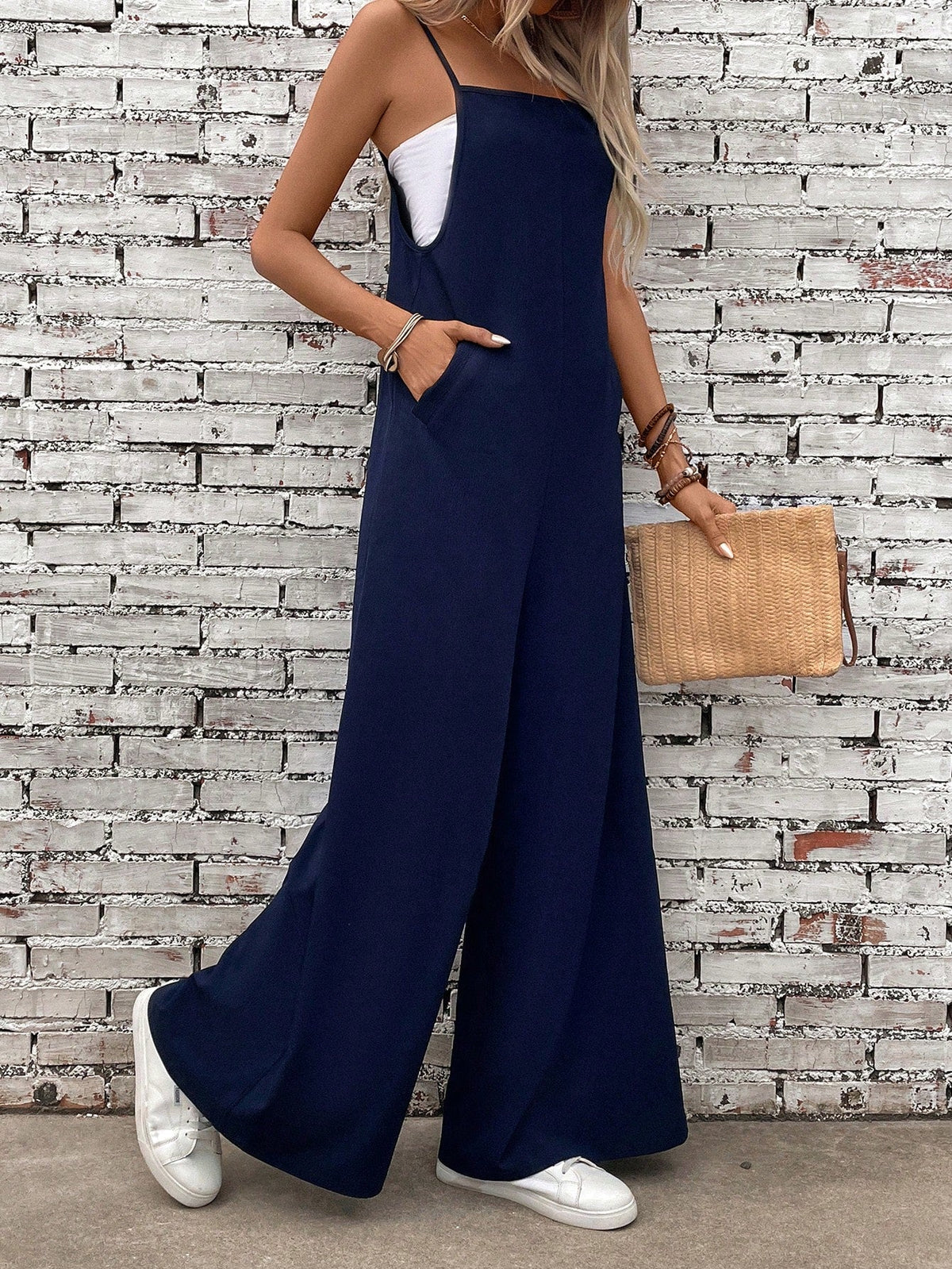 Salopette donna elegante semplice a colori solidi e larga con spalline sottili per l'estate