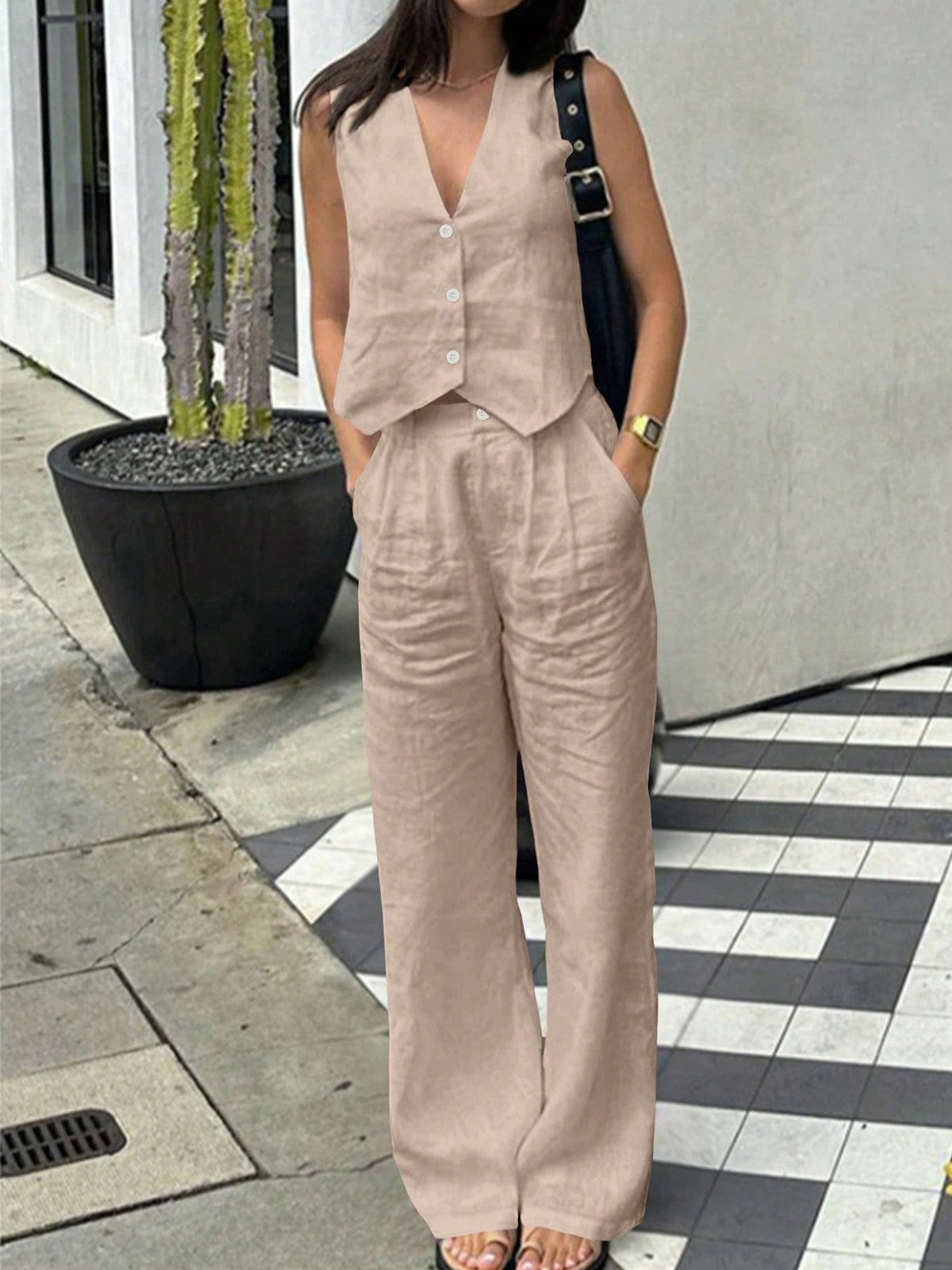 Set Due Pezzi Estivi Casual Da Donna Con Canotta Tinta Unita E Pantaloni Lunghi