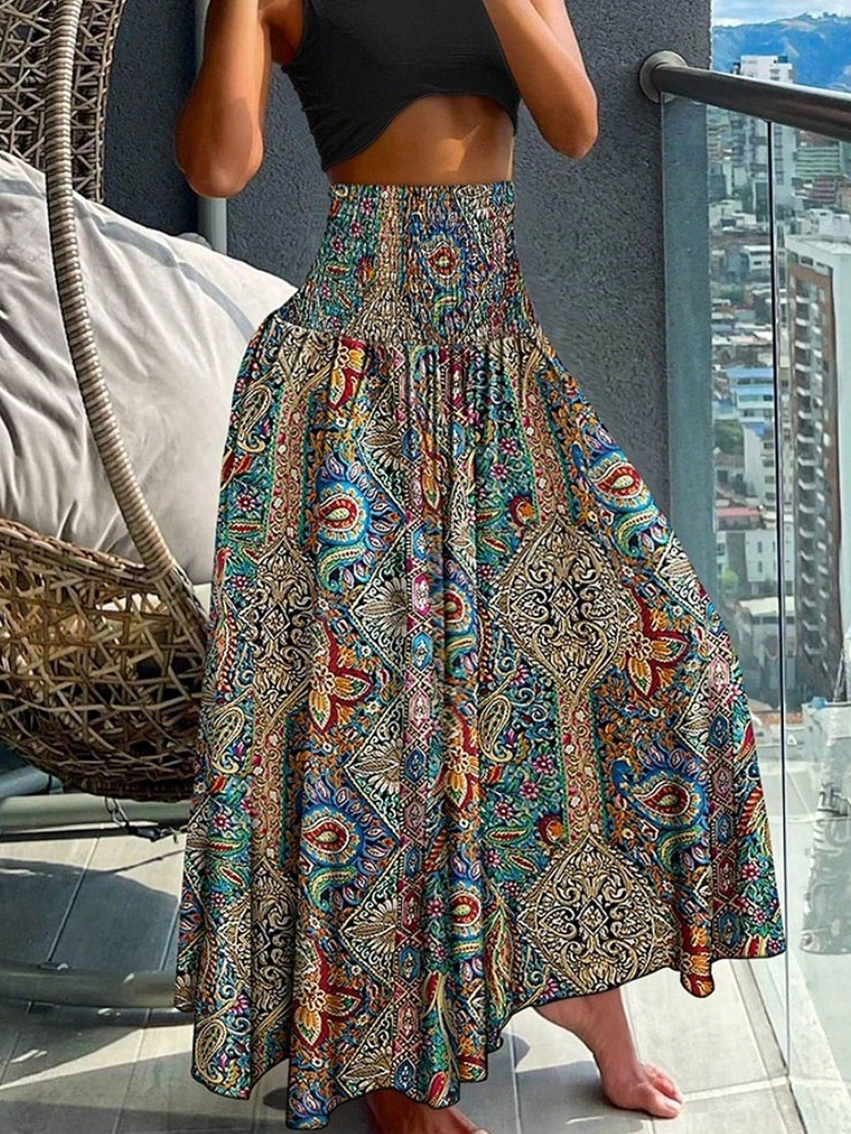 Gonna boho estiva a vita alta stampata stile vintage per le donne in vacanza
