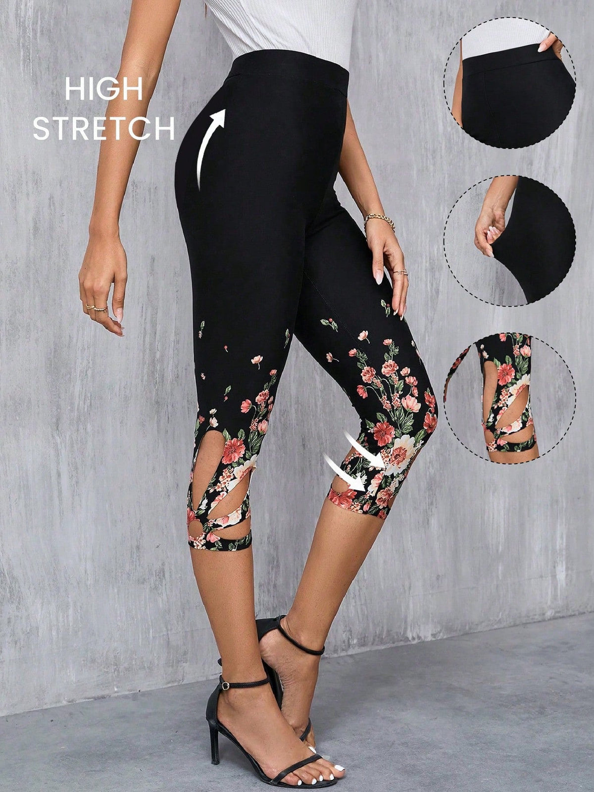 Leggings Capri Floreali Con Motivi In Pizzo E Orlo A Scallop Per Donne