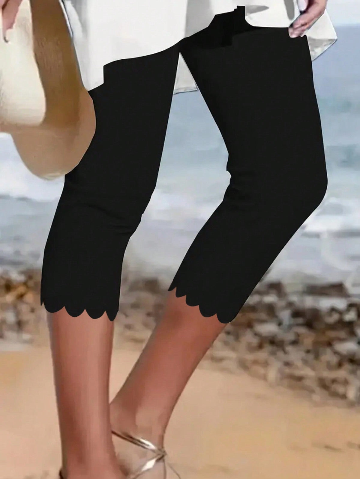 Leggings da donna di colore solido semplici con bordo a onda e aderenti