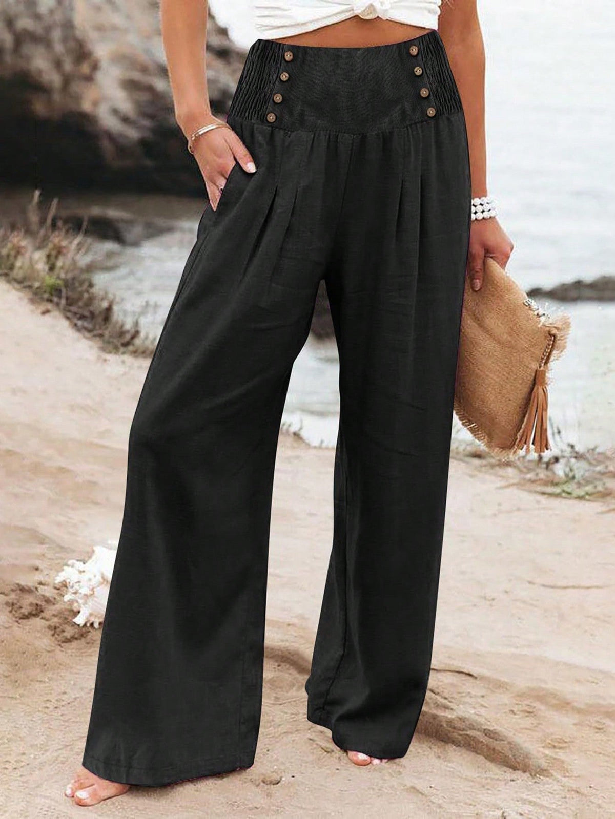 Pantaloni lunghi casual estivi in lino per donne in vacanza