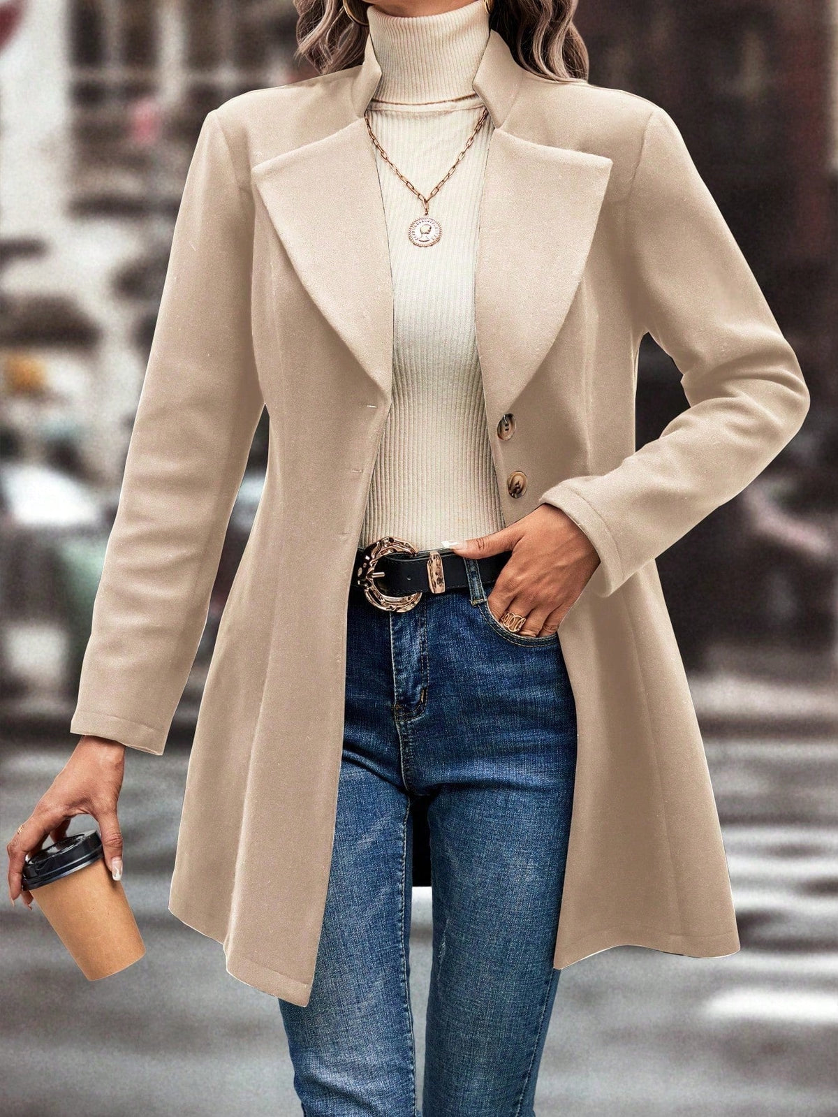 Cappotto In Lana Casual Colletto A Stelo Tinta Unita Per L'Autunno E L'Inverno
