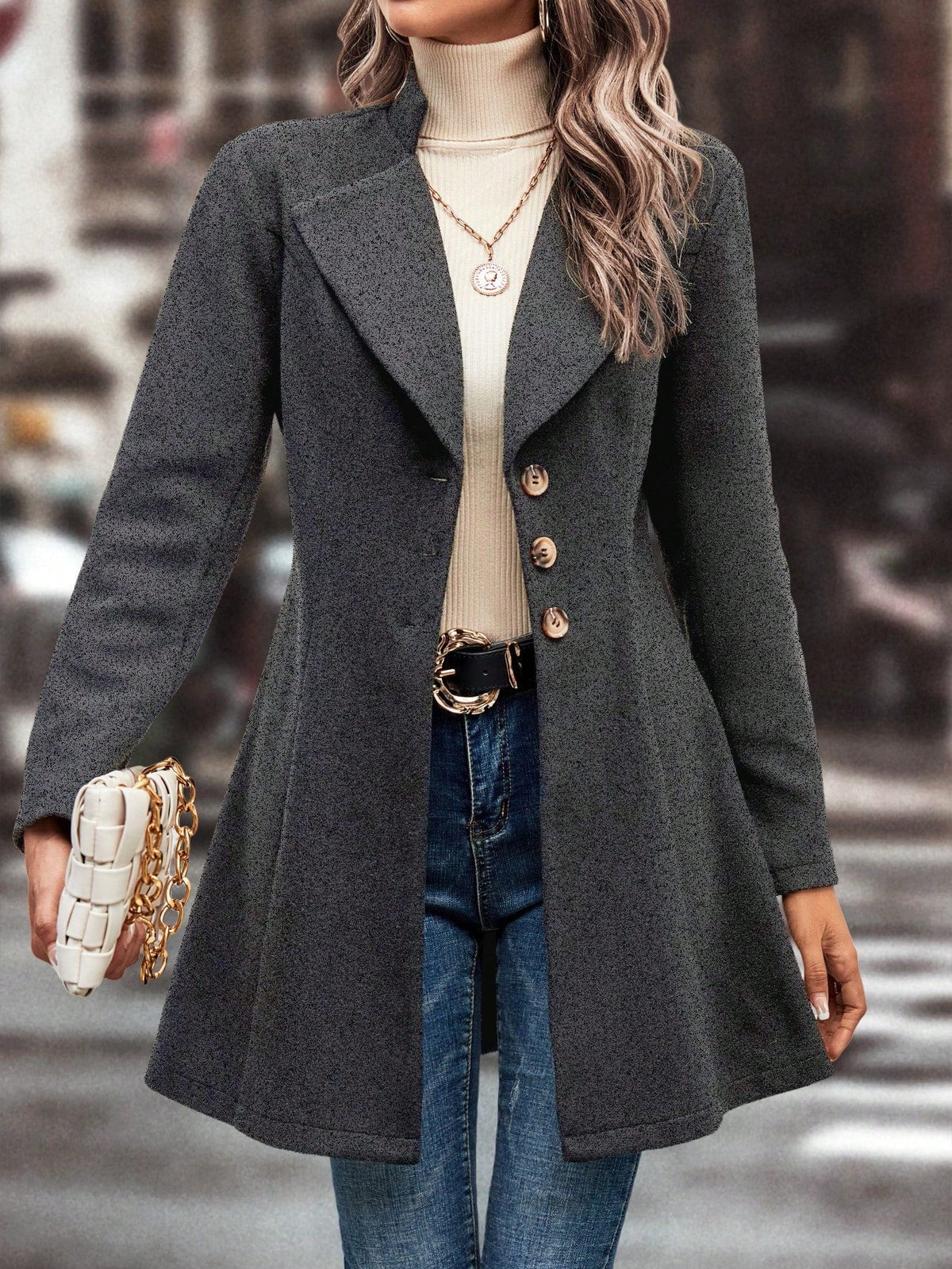 Cappotto In Lana Casual Colletto A Stelo Tinta Unita Per L'Autunno E L'Inverno
