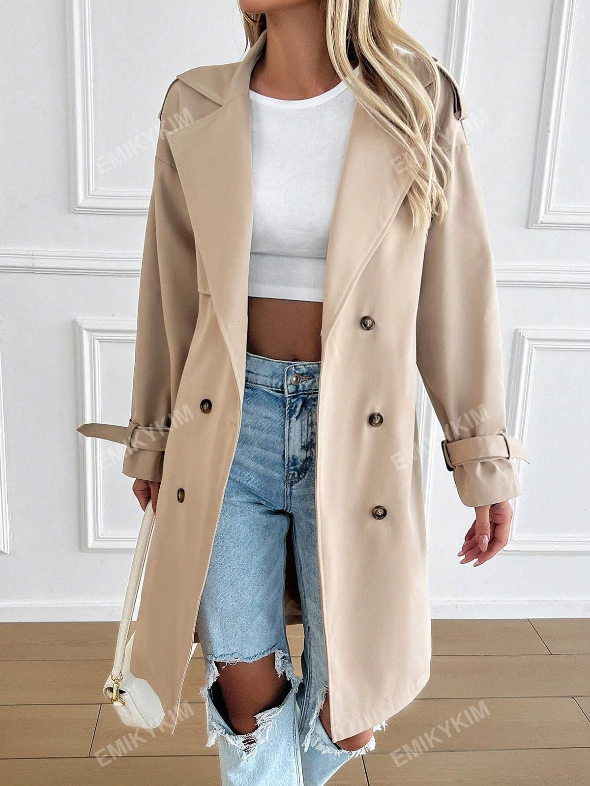 Cappotto trench con colletto alla coreana, doppiopetto, con cintura, casual per autunno/inverno da donna