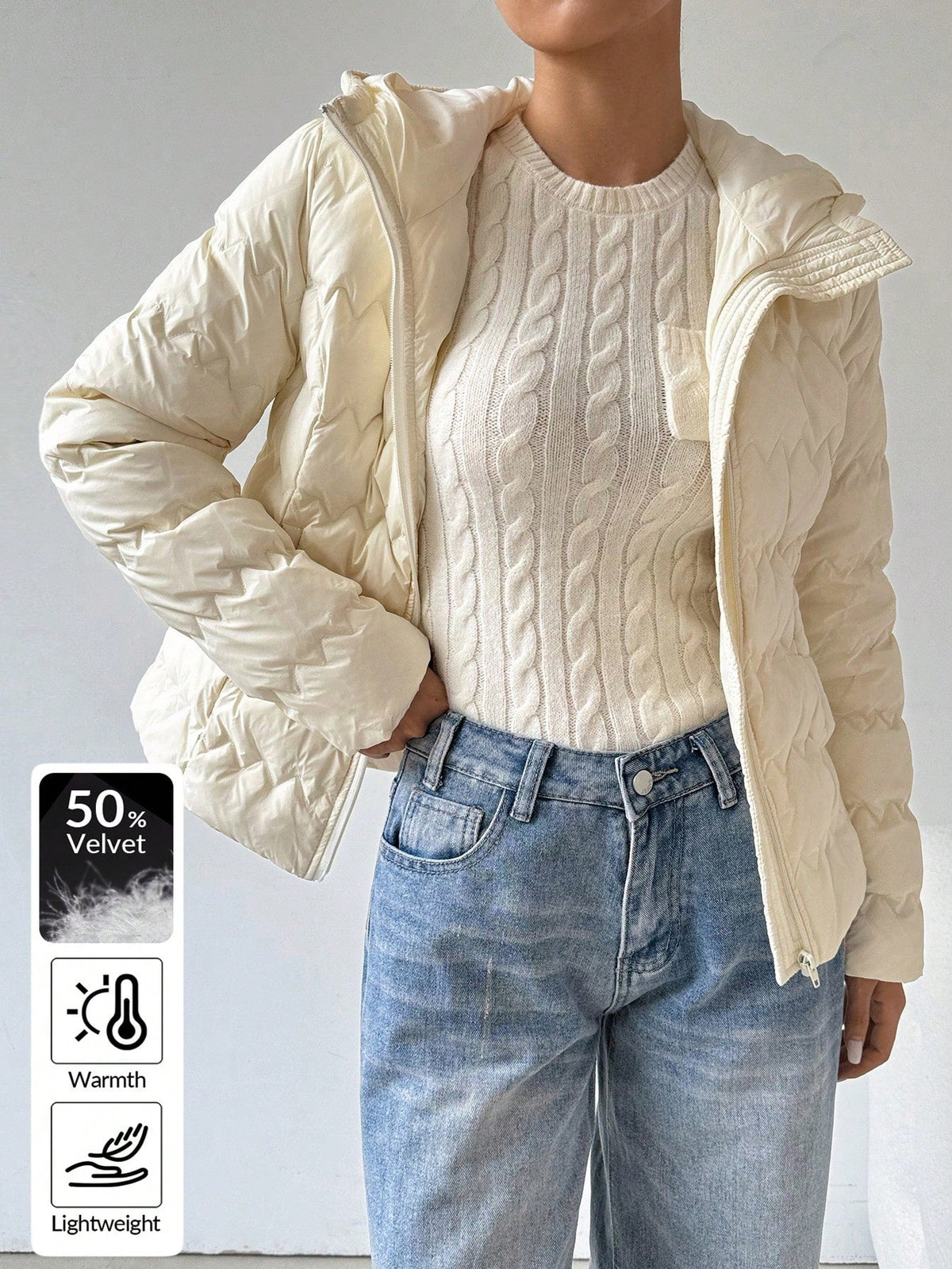 Giacca imbottita con cappuccio a maniche lunghe con chiusura lampo, stile minimalista, per donne
