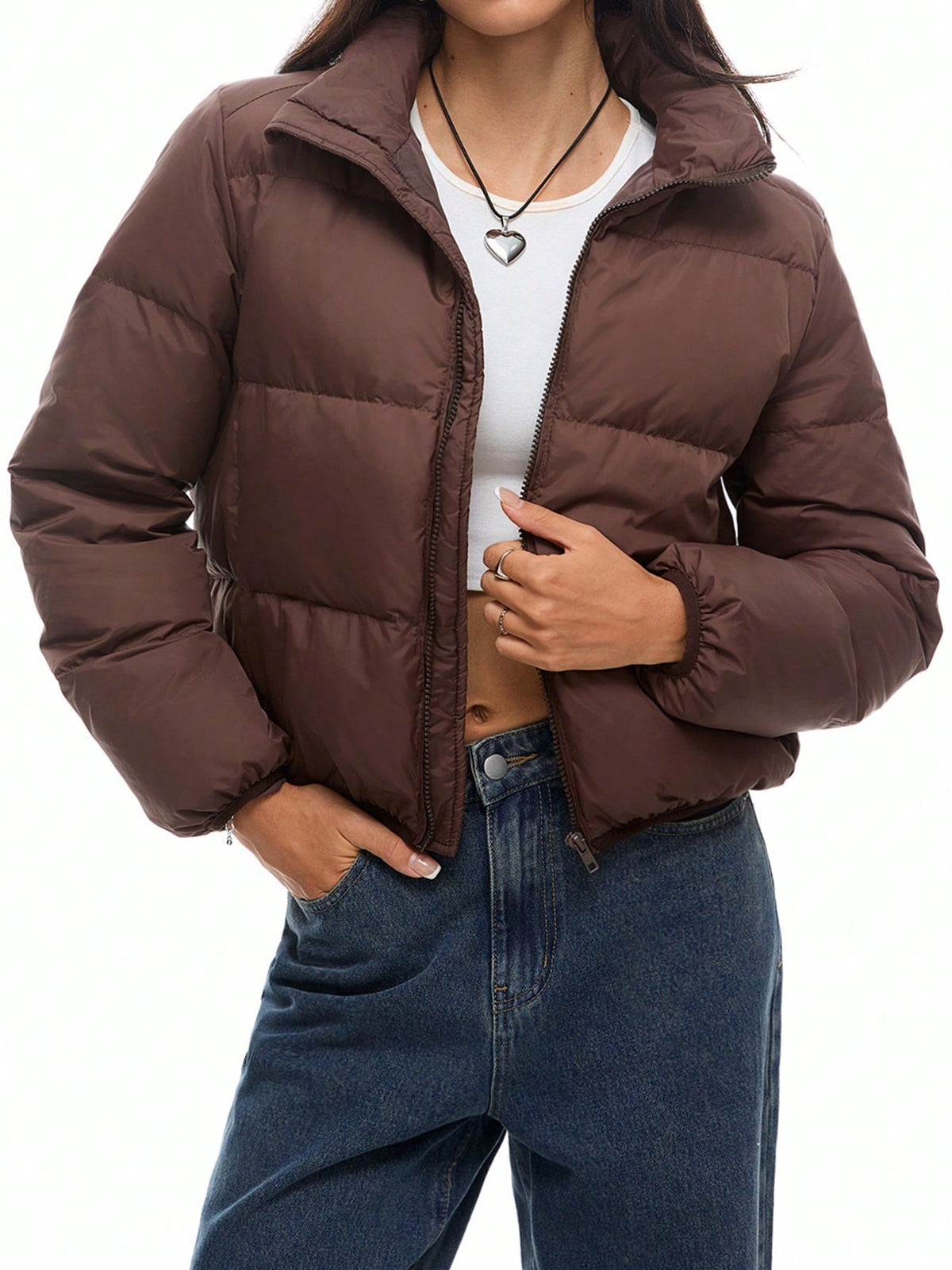 Giacca corta imbottita in piuma, monocolore, con collo alto, manica lunga, per uso casual, adatta per l'inverno, da donna