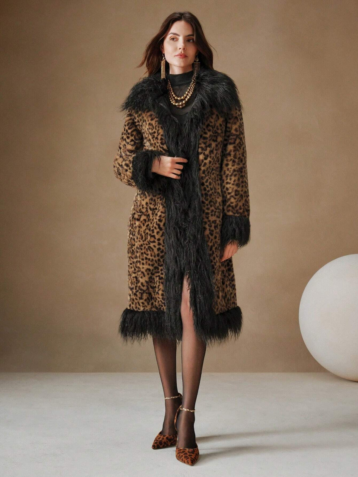 Cappotto in finta pelliccia con finiture in stampa leopardata fluffy midi a-line in vita, classico e versatile per le donne