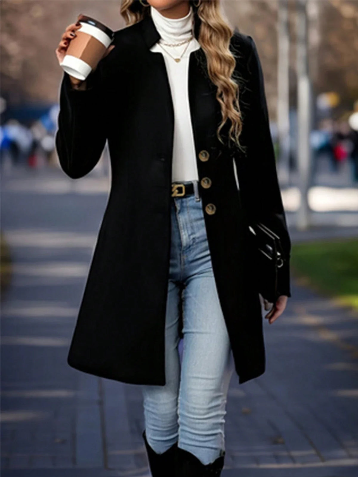 Cappotto elegante da pendolare in lana a tinta unita, monopetto, a maniche lunghe, per autunno/inverno, adatto alle donne