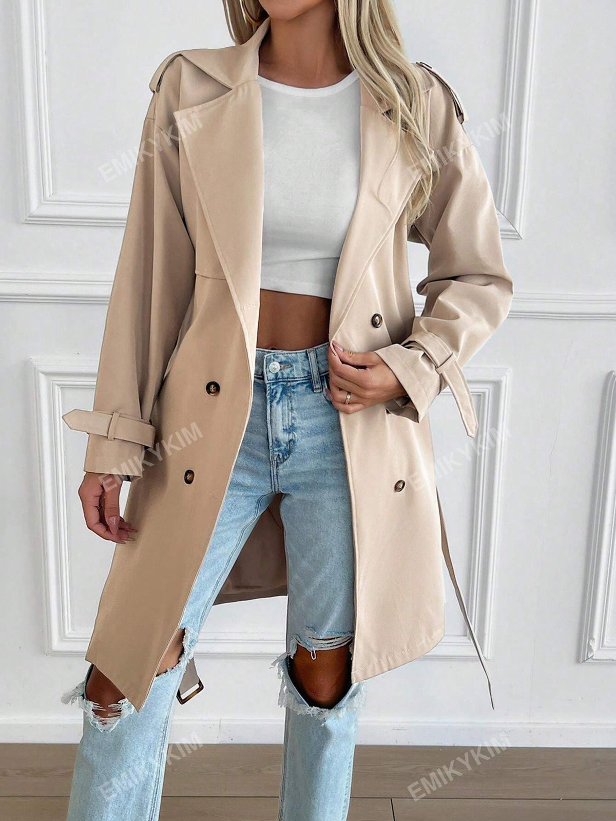 Cappotto trench con colletto alla coreana, doppiopetto, con cintura, casual per autunno/inverno da donna