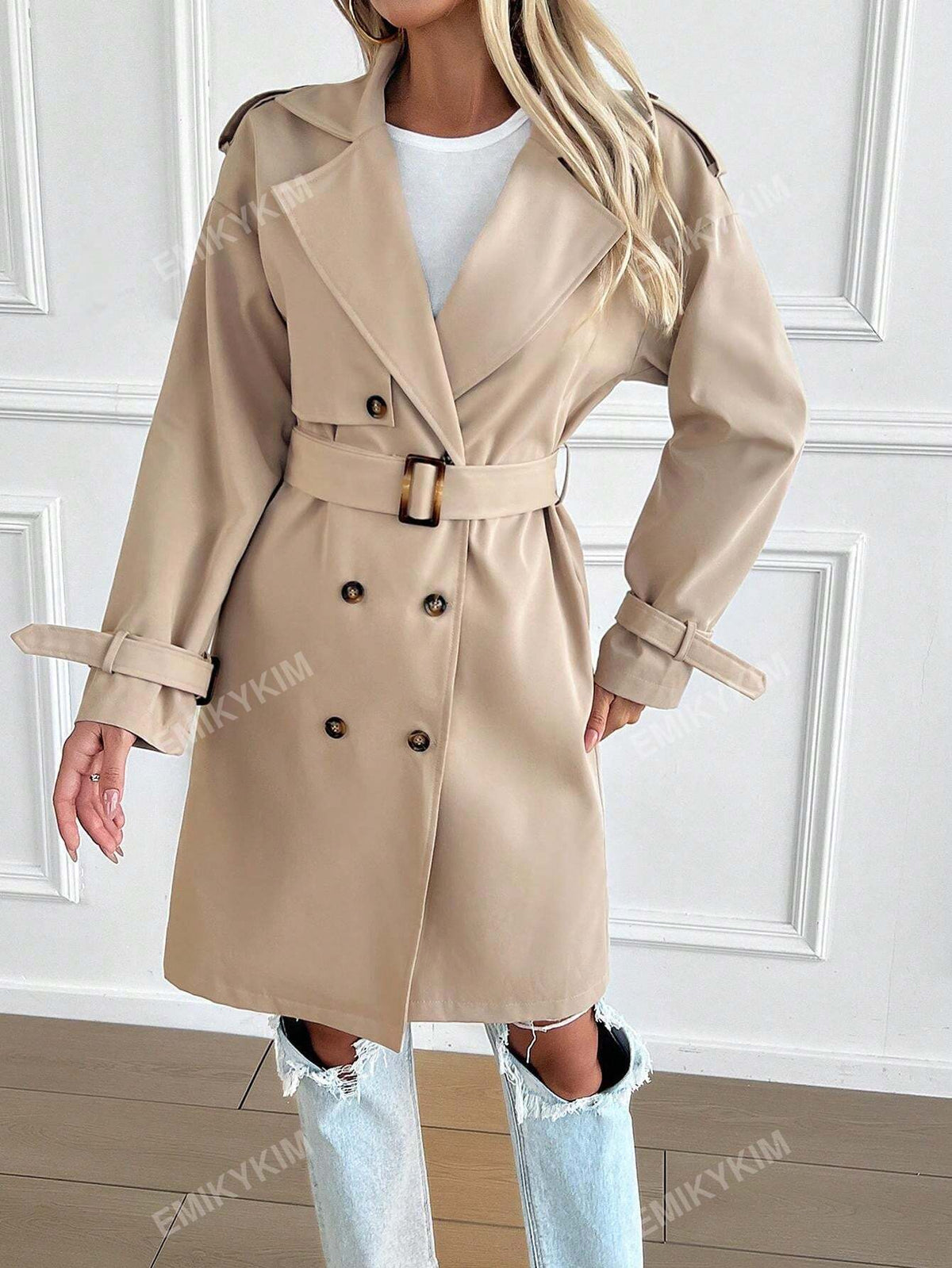 Cappotto trench con colletto alla coreana, doppiopetto, con cintura, casual per autunno/inverno da donna
