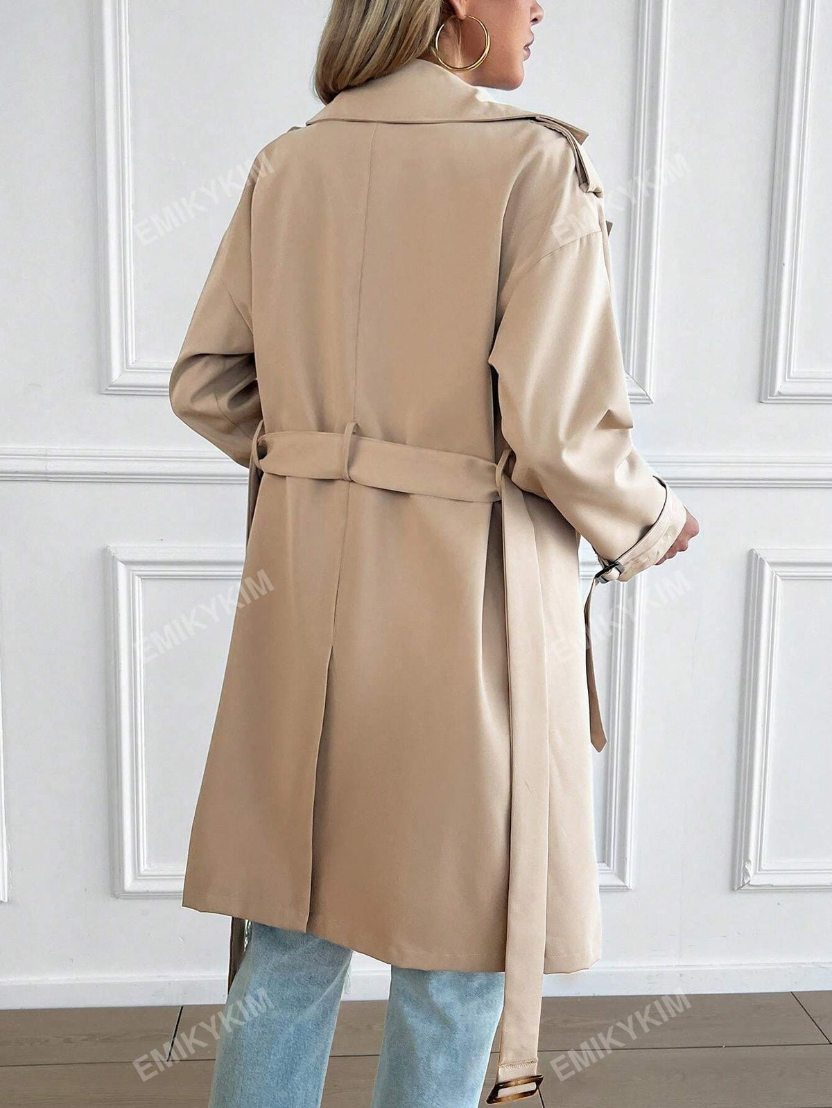 Cappotto trench con colletto alla coreana, doppiopetto, con cintura, casual per autunno/inverno da donna