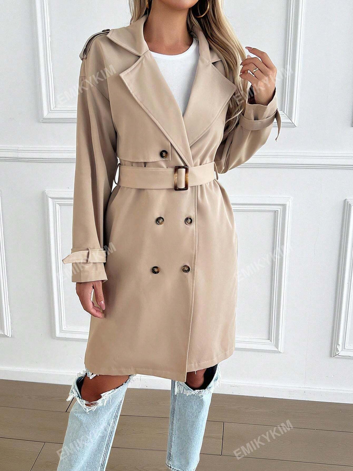 Cappotto trench con colletto alla coreana, doppiopetto, con cintura, casual per autunno/inverno da donna
