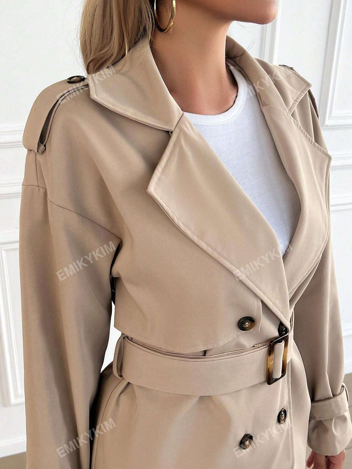 Cappotto trench con colletto alla coreana, doppiopetto, con cintura, casual per autunno/inverno da donna