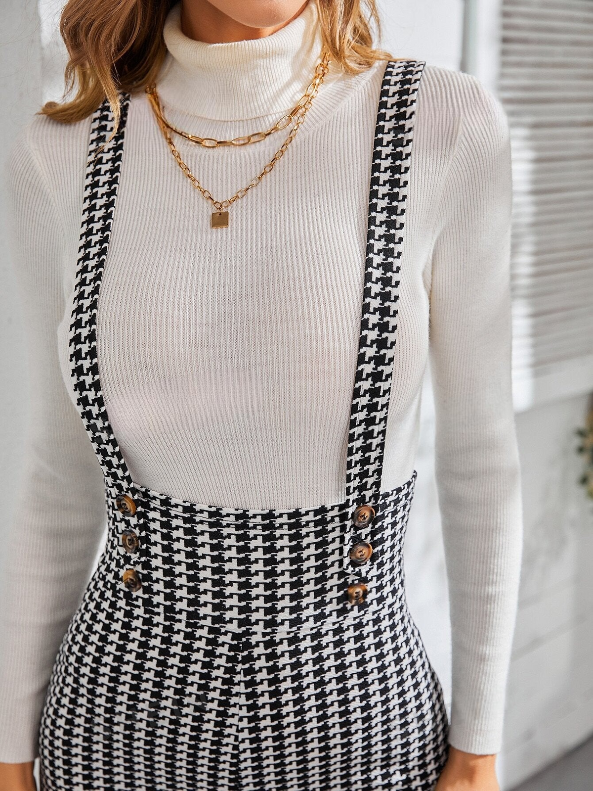 Tuta scamiciato pied de poule indietro a croce vita alta Skinny