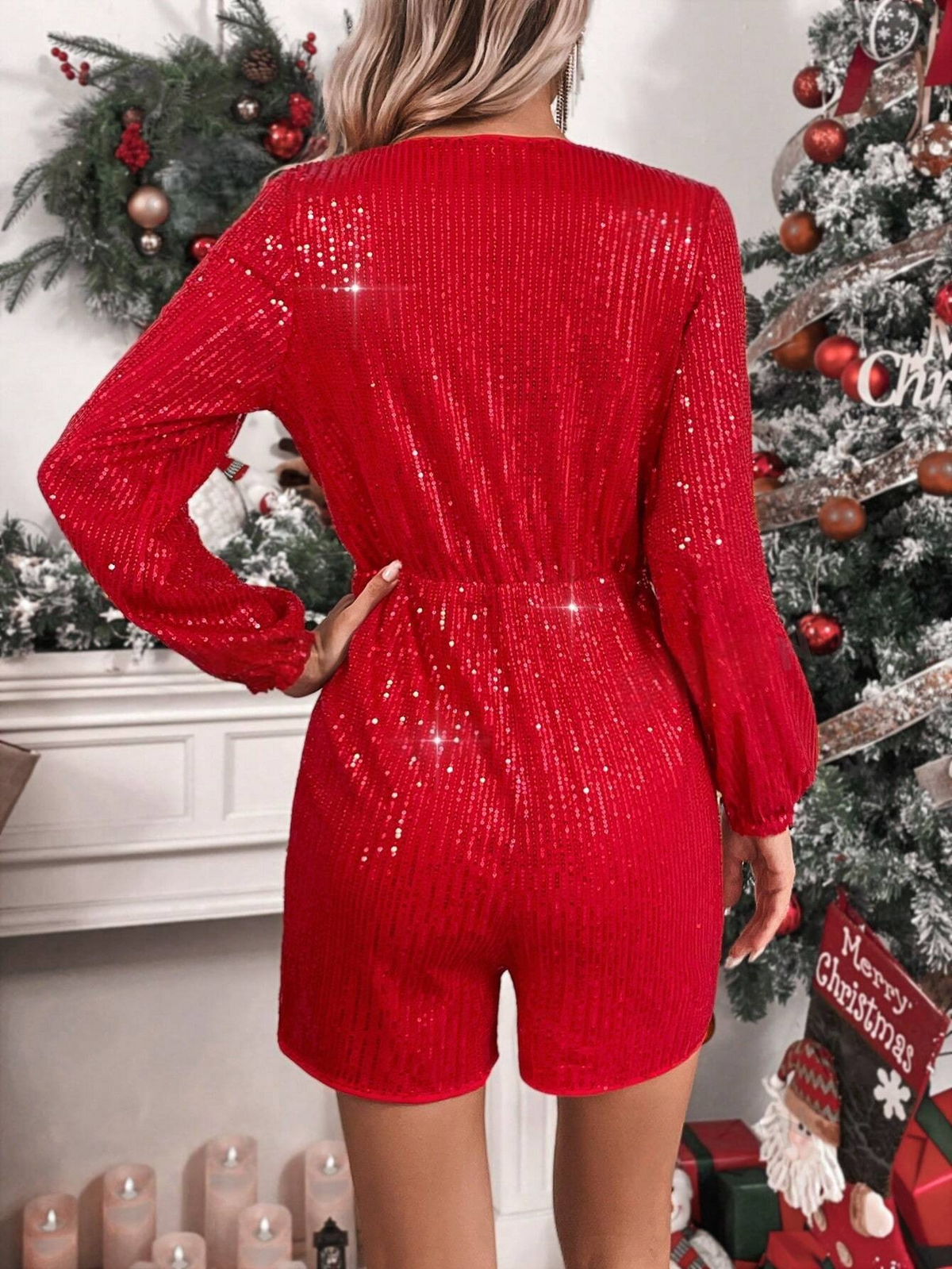 Tutina incrociato manica a lanterna paillettes