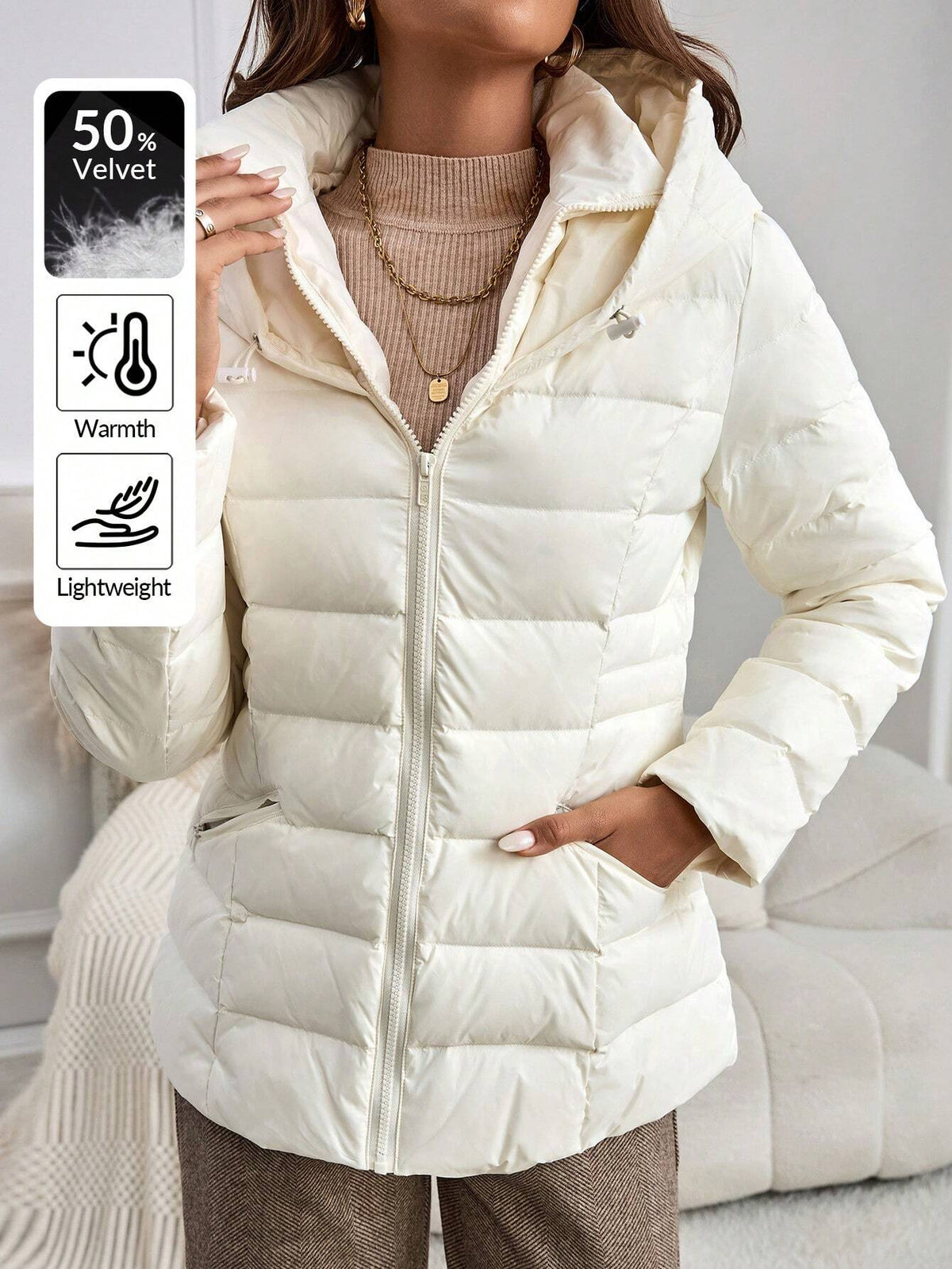 Giacca imbottita con cappuccio donna, chiusura lampo, manica lunga, tinta unita, invernale