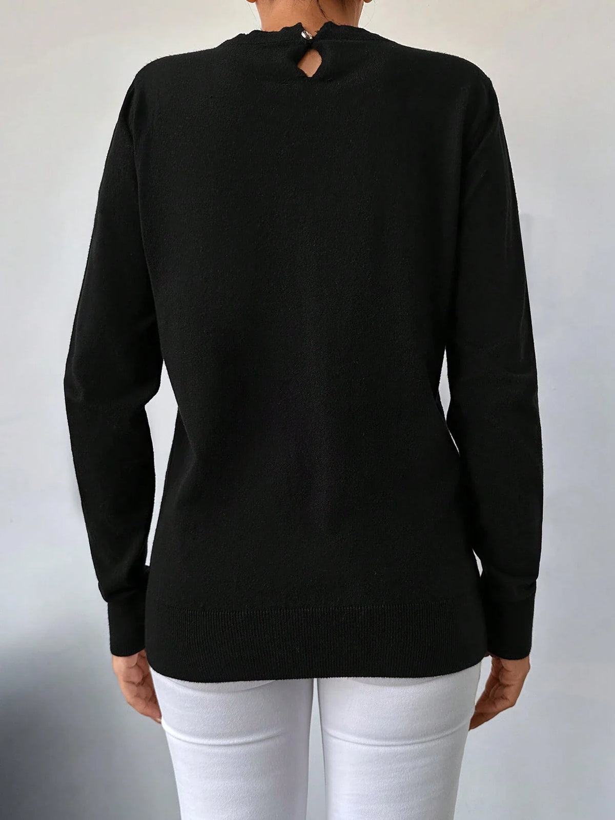 Maglione Nero Pesante Con Collo Tondo Per Donna, Con Fiocco Di Strass Termoadesivi Lavorato A Maglia E Maniche Lunghe