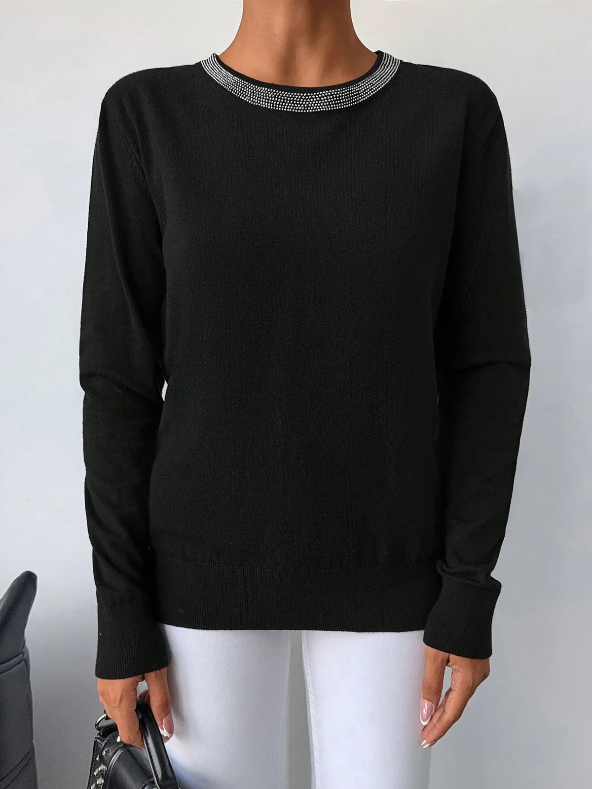 Maglione Nero Pesante Con Collo Tondo Per Donna, Con Fiocco Di Strass Termoadesivi Lavorato A Maglia E Maniche Lunghe