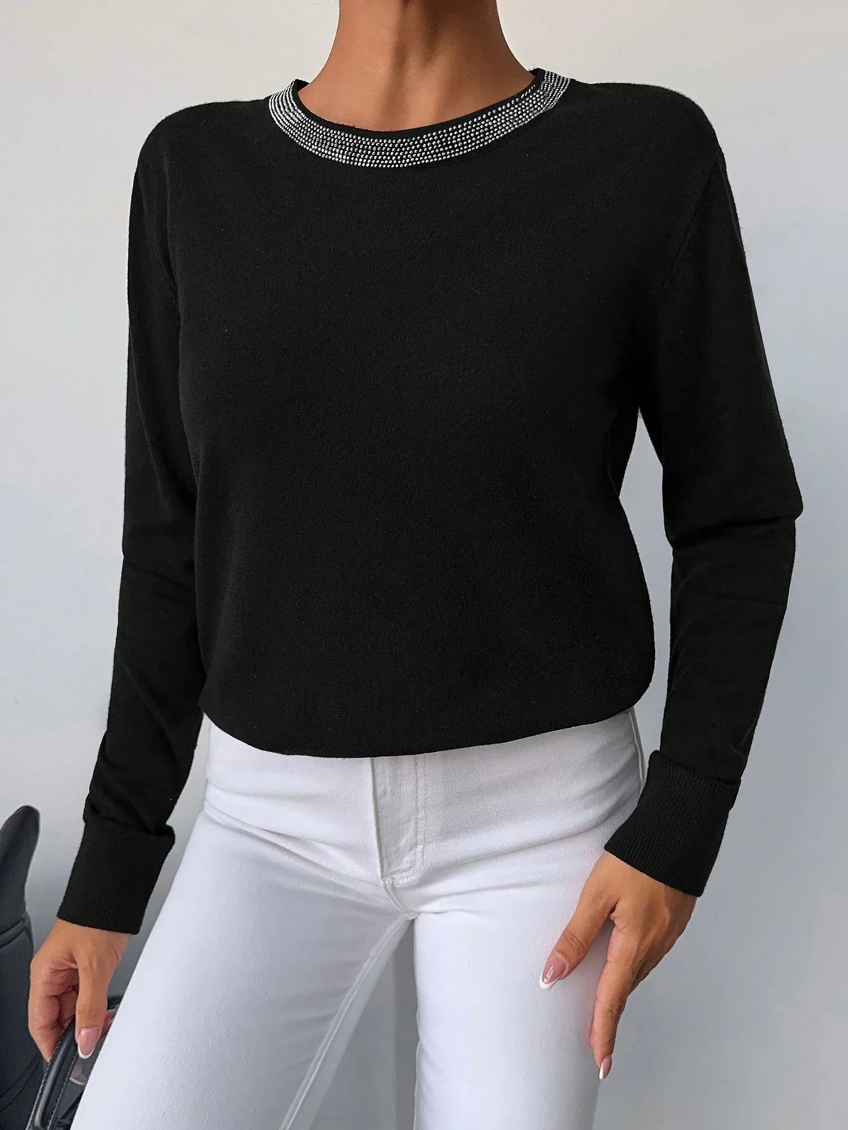 Maglione Nero Pesante Con Collo Tondo Per Donna, Con Fiocco Di Strass Termoadesivi Lavorato A Maglia E Maniche Lunghe
