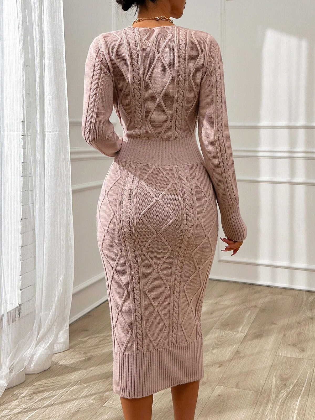 Abito maglia slim midi con collo a V, vita e dettagli a trecce, comodo, sexy e caldo
