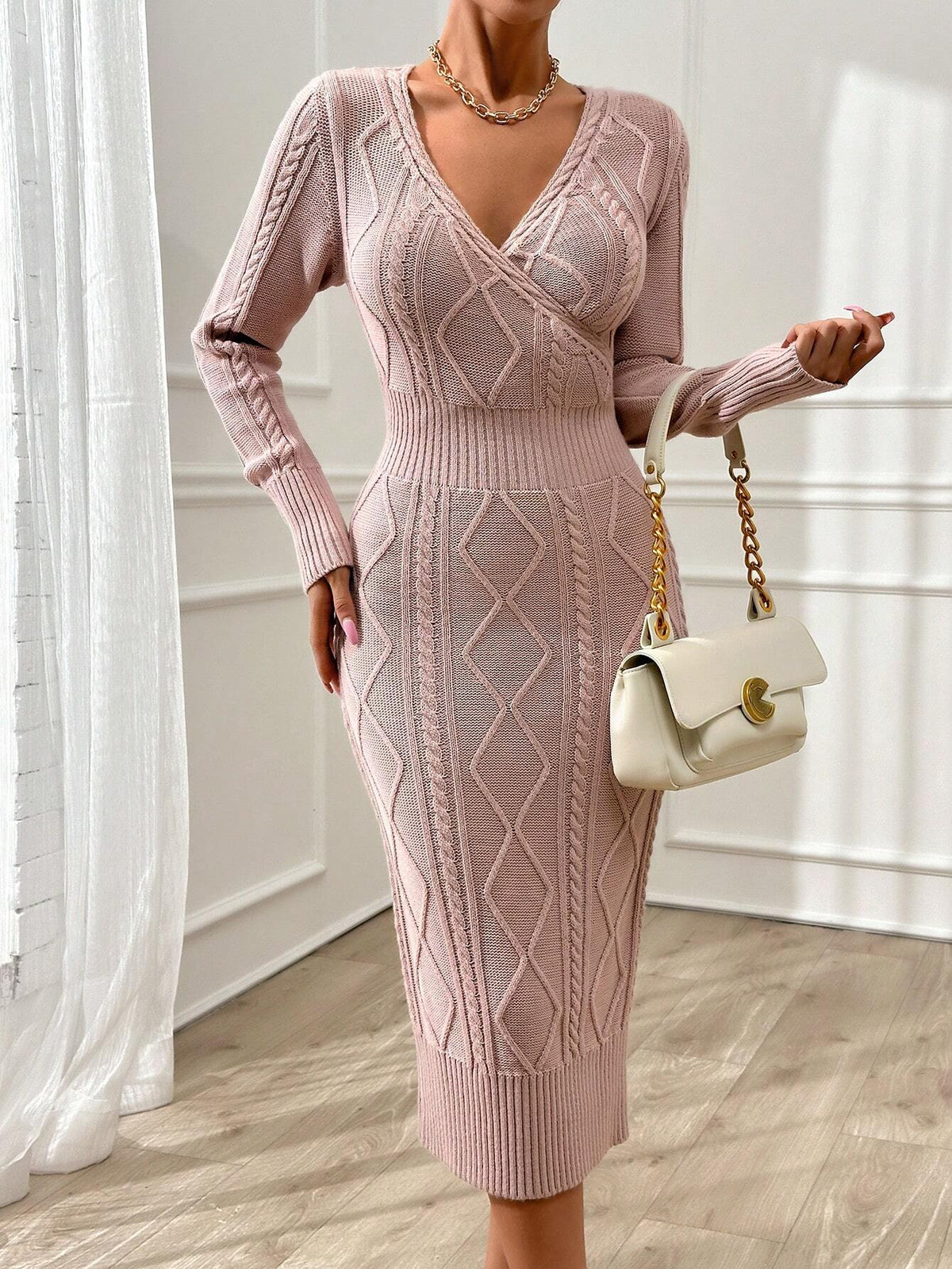 Abito maglia slim midi con collo a V, vita e dettagli a trecce, comodo, sexy e caldo