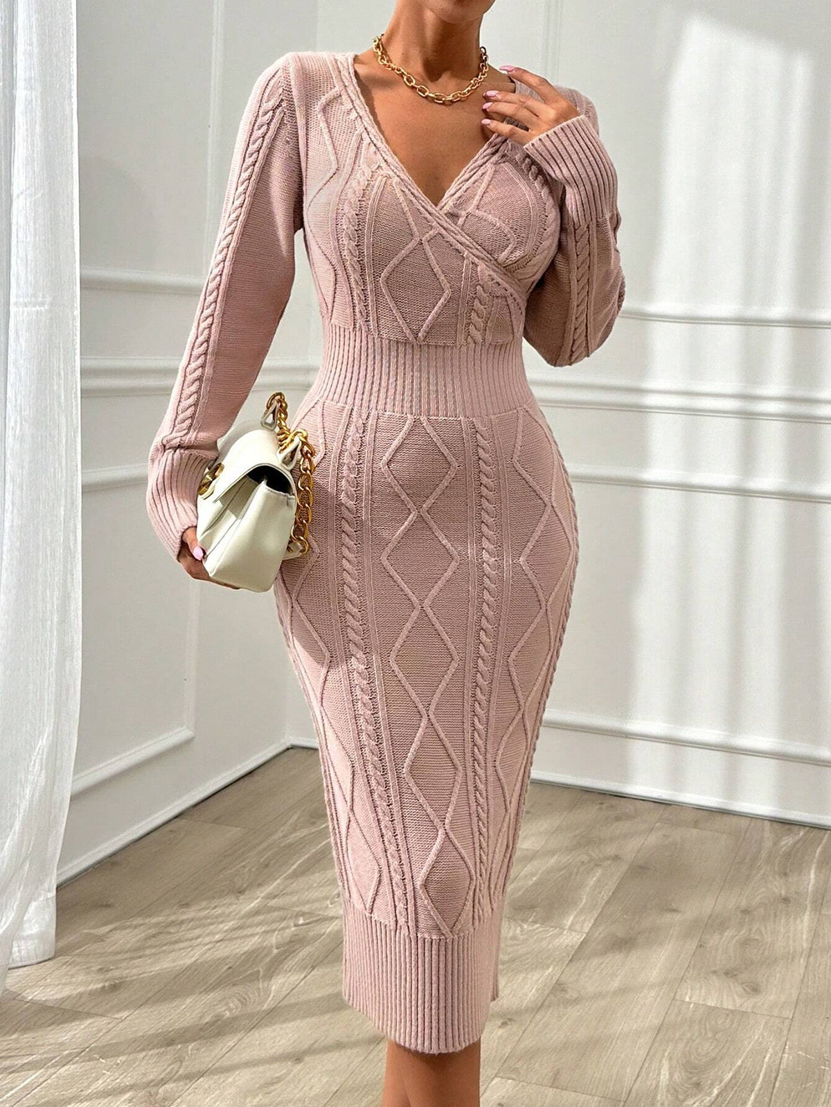 Abito maglia slim midi con collo a V, vita e dettagli a trecce, comodo, sexy e caldo