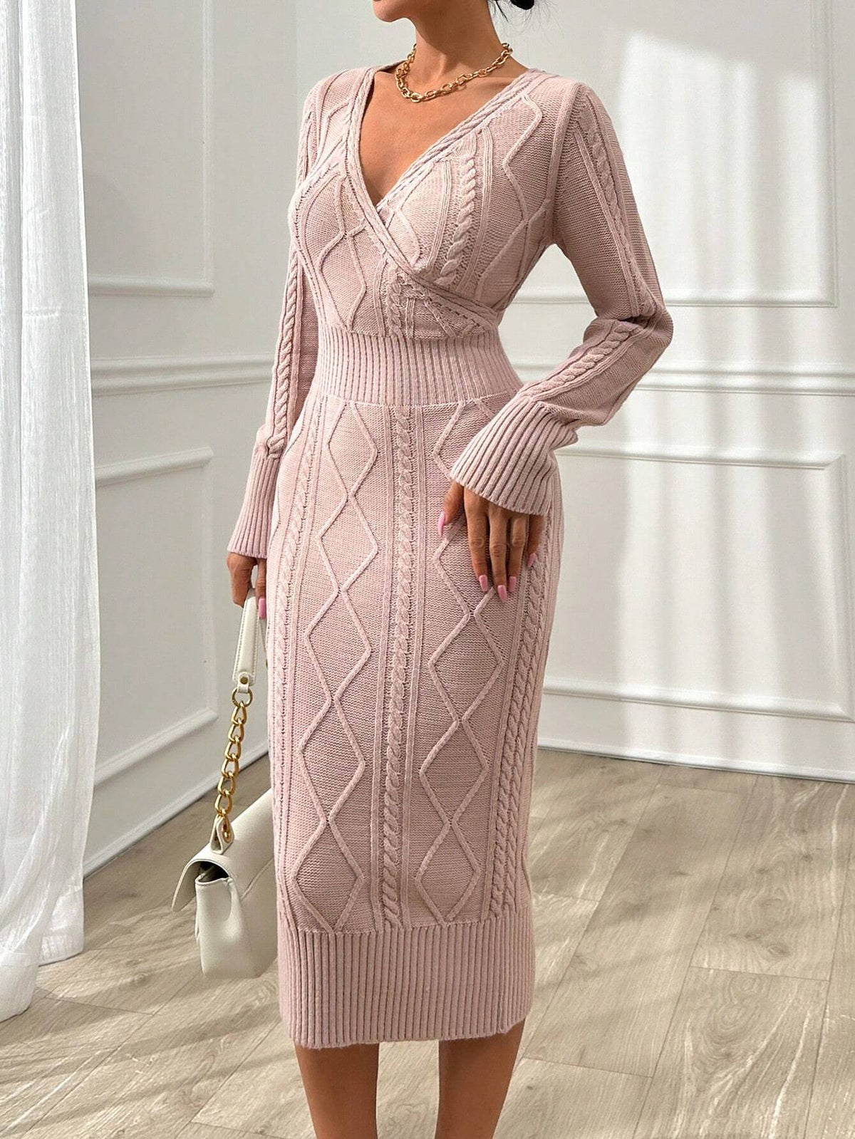 Abito maglia slim midi con collo a V, vita e dettagli a trecce, comodo, sexy e caldo