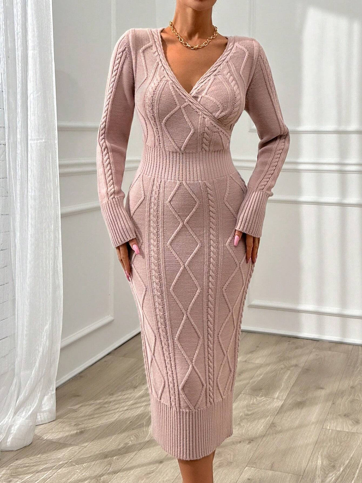 Abito maglia slim midi con collo a V, vita e dettagli a trecce, comodo, sexy e caldo