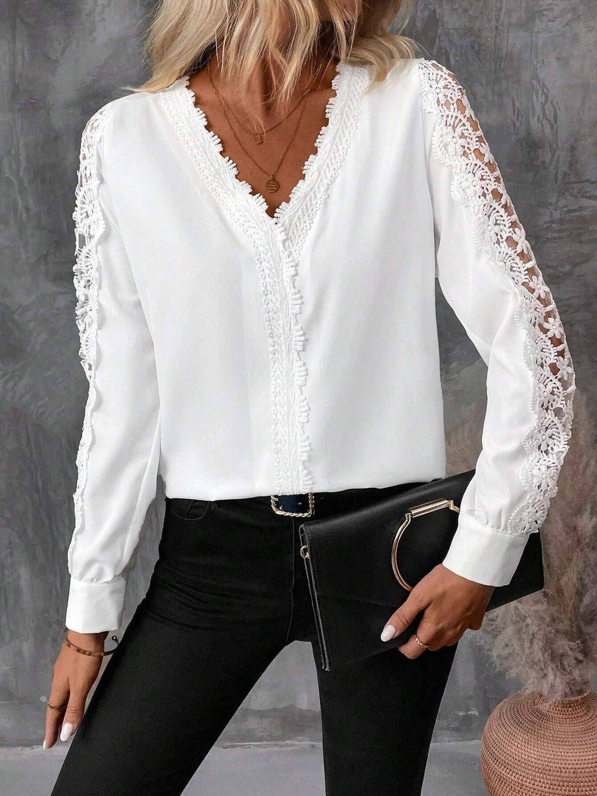 Camicetta elegante da donna con scollo a V in pizzo a contrasto, manica lunga, per primavera e autunno
