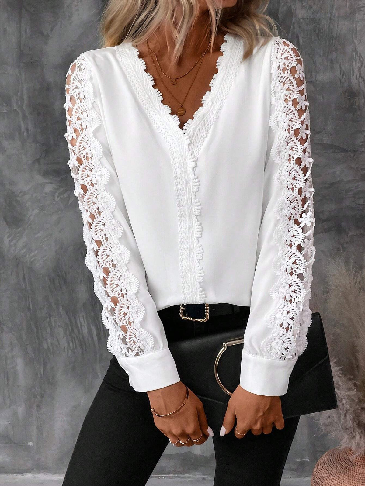 Camicetta elegante da donna con scollo a V in pizzo a contrasto, manica lunga, per primavera e autunno