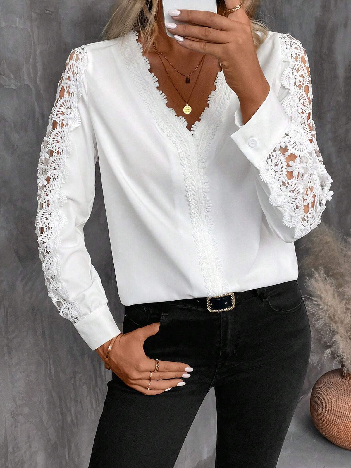Camicetta elegante da donna con scollo a V in pizzo a contrasto, manica lunga, per primavera e autunno