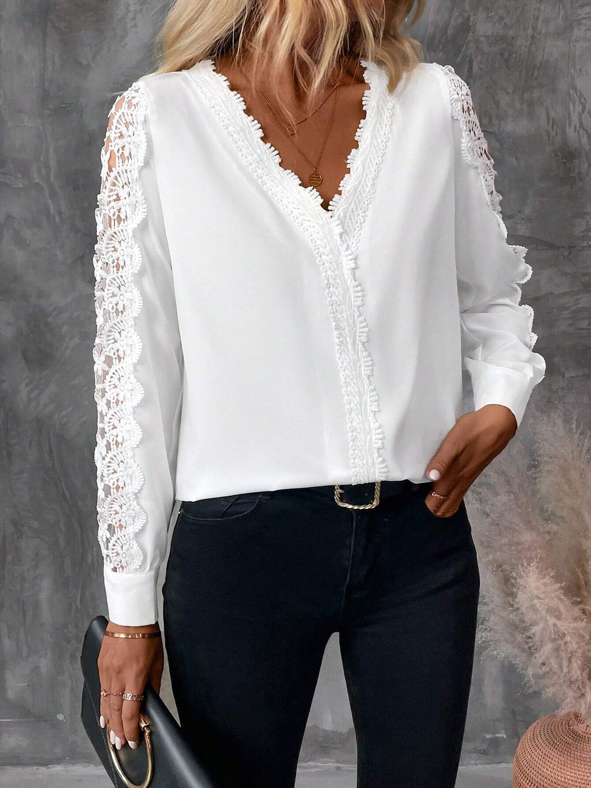 Camicetta elegante da donna con scollo a V in pizzo a contrasto, manica lunga, per primavera e autunno