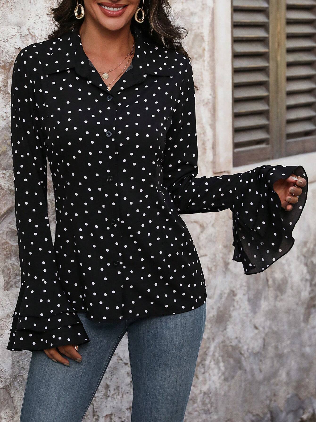 Camicia Donna A Maniche Flare Con Stampa A Pois YAMARI