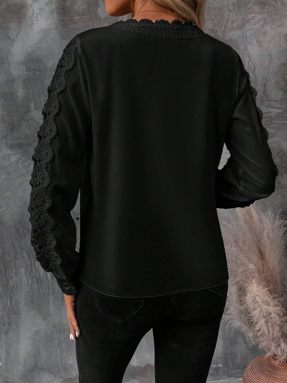 Camicetta elegante da donna con scollo a V in pizzo a contrasto, manica lunga, per primavera e autunno