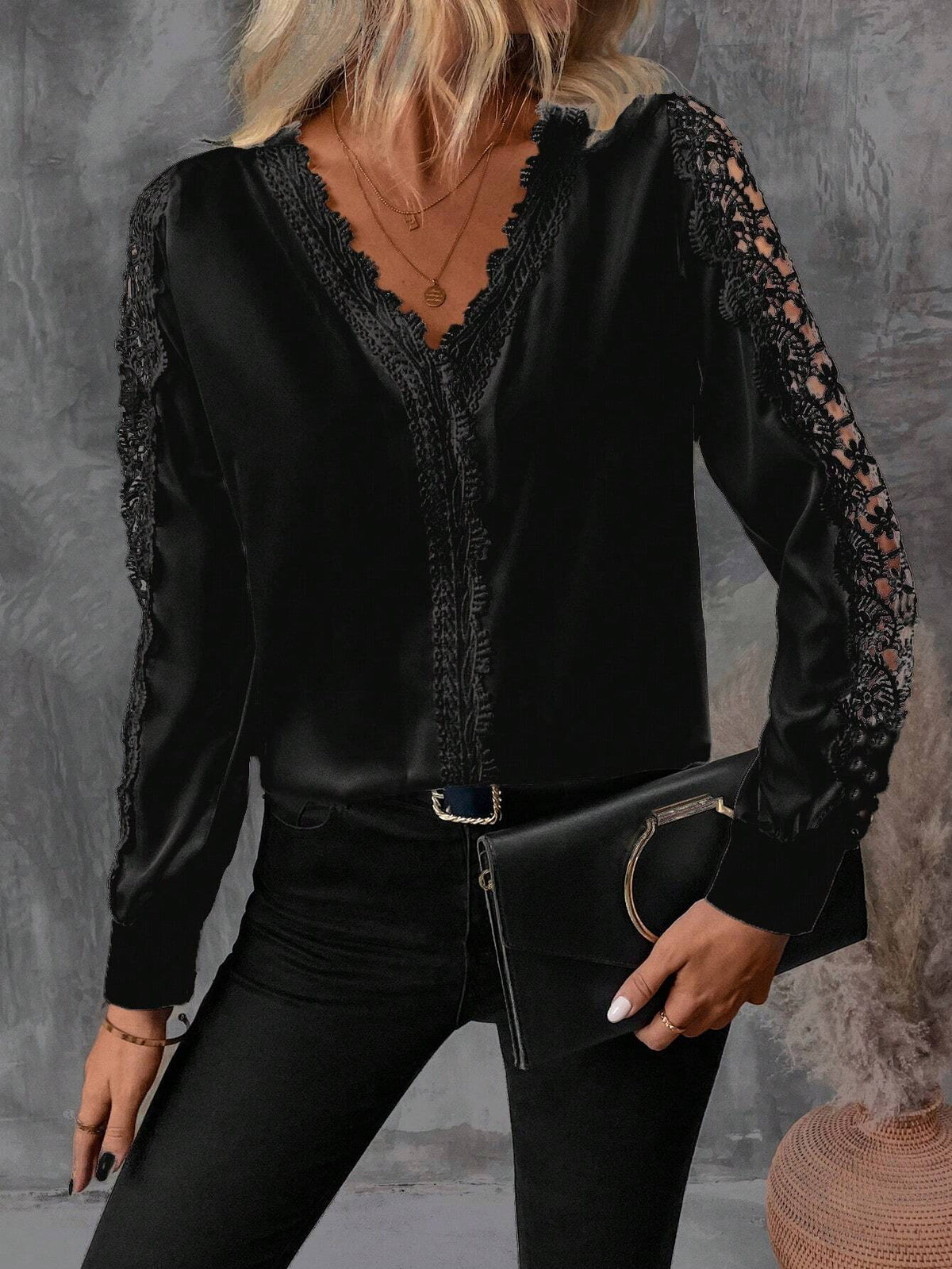 Camicetta elegante da donna con scollo a V in pizzo a contrasto, manica lunga, per primavera e autunno