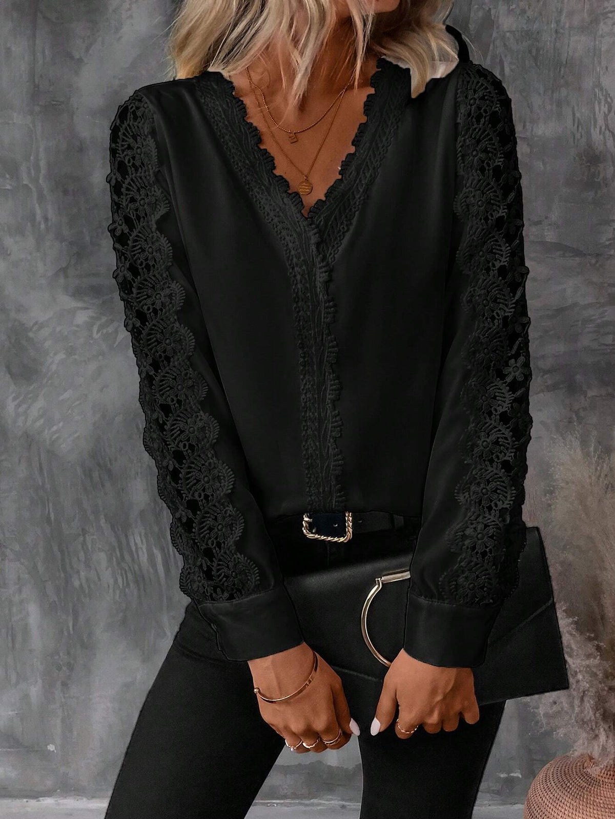 Camicetta elegante da donna con scollo a V in pizzo a contrasto, manica lunga, per primavera e autunno