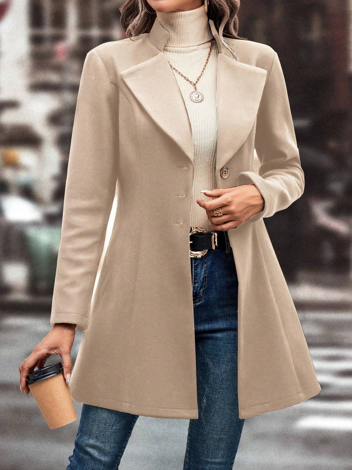 Cappotto In Lana Casual Colletto A Stelo Tinta Unita Per L'Autunno E L'Inverno