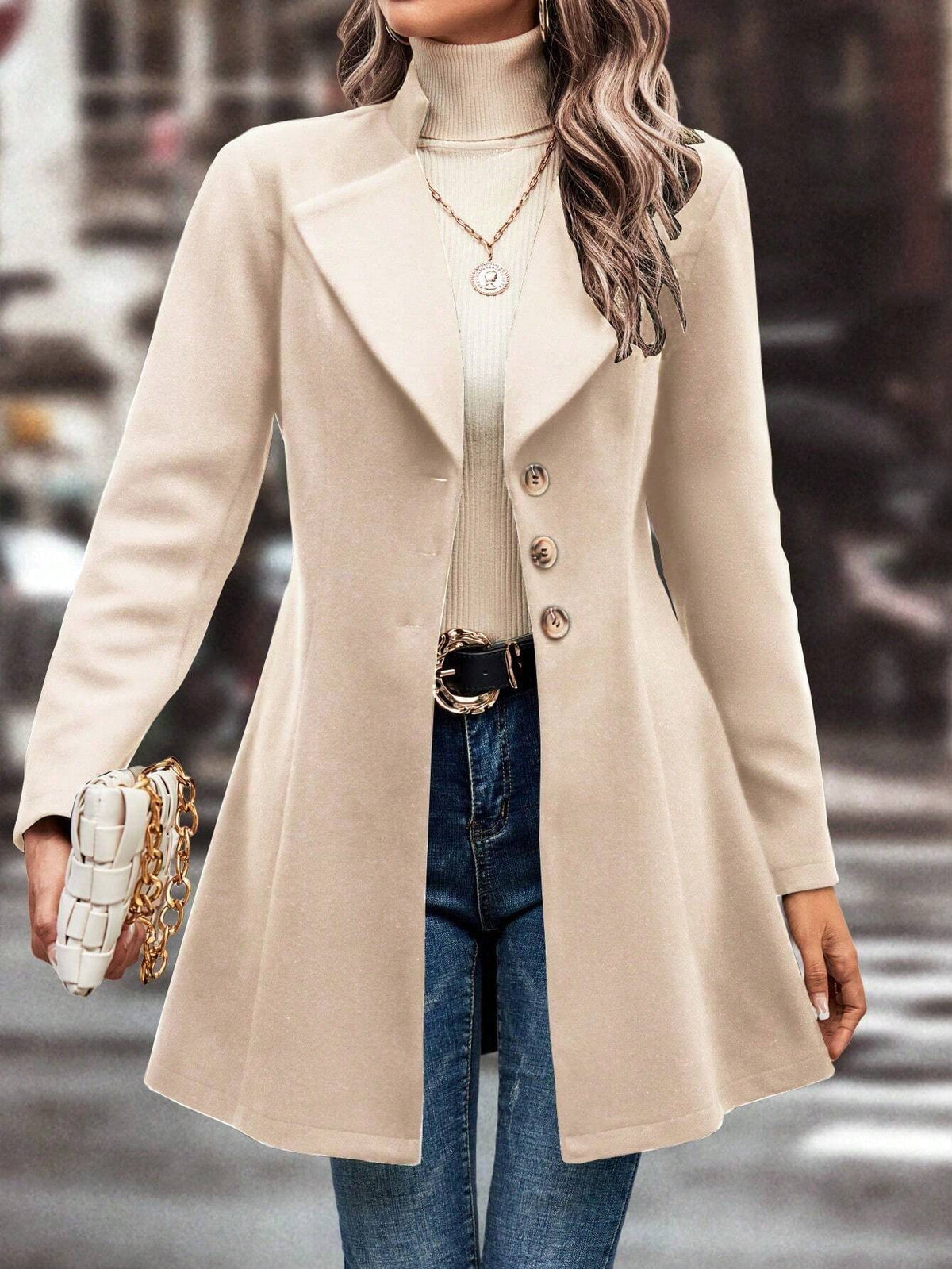 Cappotto In Lana Casual Colletto A Stelo Tinta Unita Per L'Autunno E L'Inverno