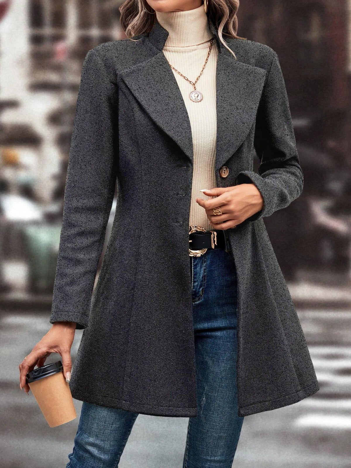 Cappotto In Lana Casual Colletto A Stelo Tinta Unita Per L'Autunno E L'Inverno