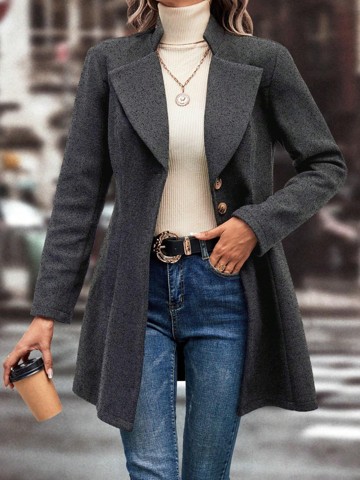 Cappotto In Lana Casual Colletto A Stelo Tinta Unita Per L'Autunno E L'Inverno