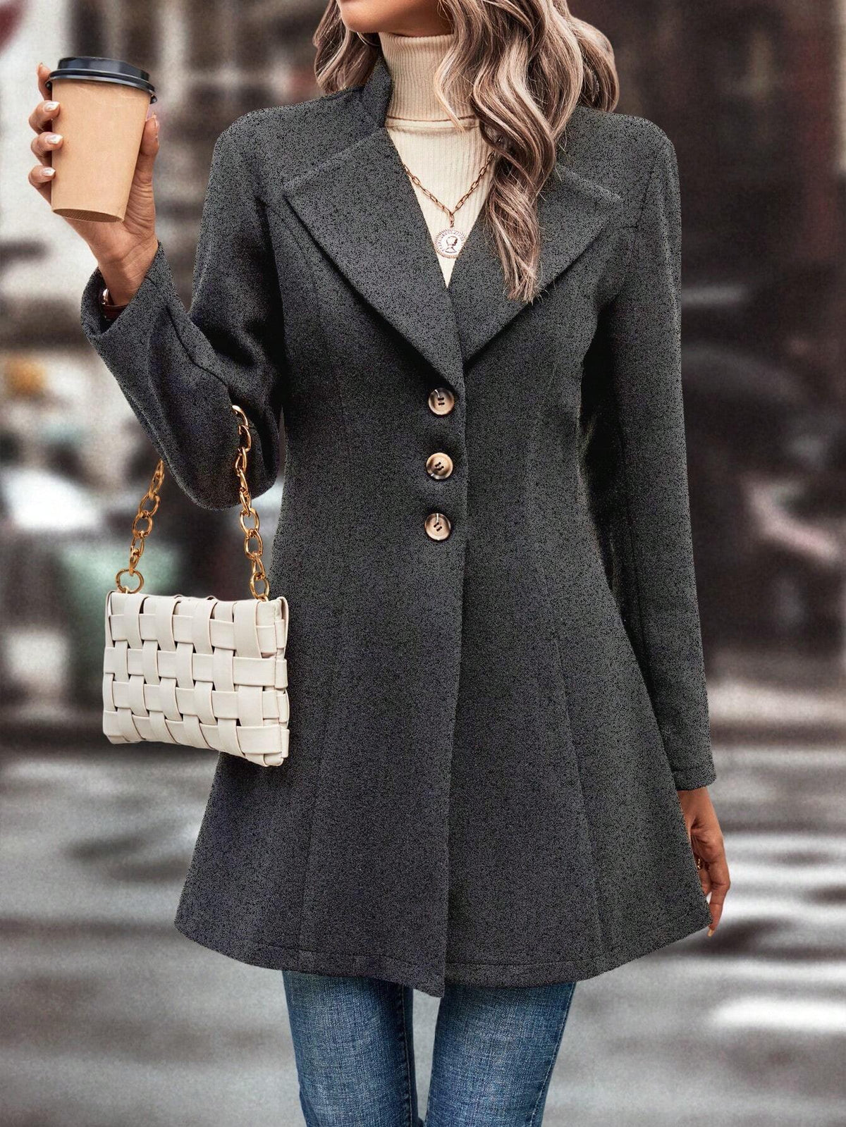 Cappotto In Lana Casual Colletto A Stelo Tinta Unita Per L'Autunno E L'Inverno
